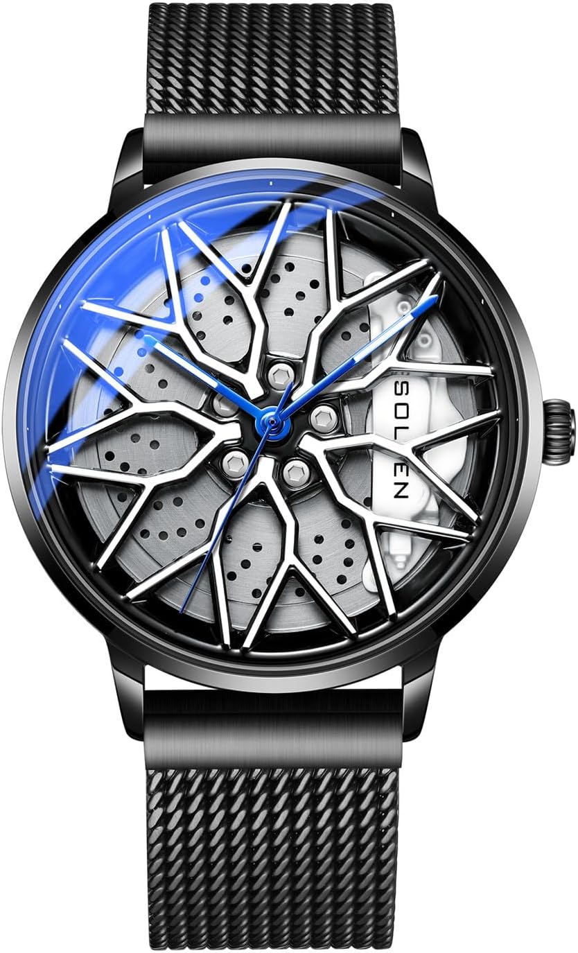 Car Wheel Watches for Men, Cool & Stylish Racing Style Dial Car Rim Watch, 30M/3ATM Waterproof Men's Skeleton Analog Watch with Japanese Quartz & Luminous Function, Casual Luxury Sport Wristwatch - 42.5mm