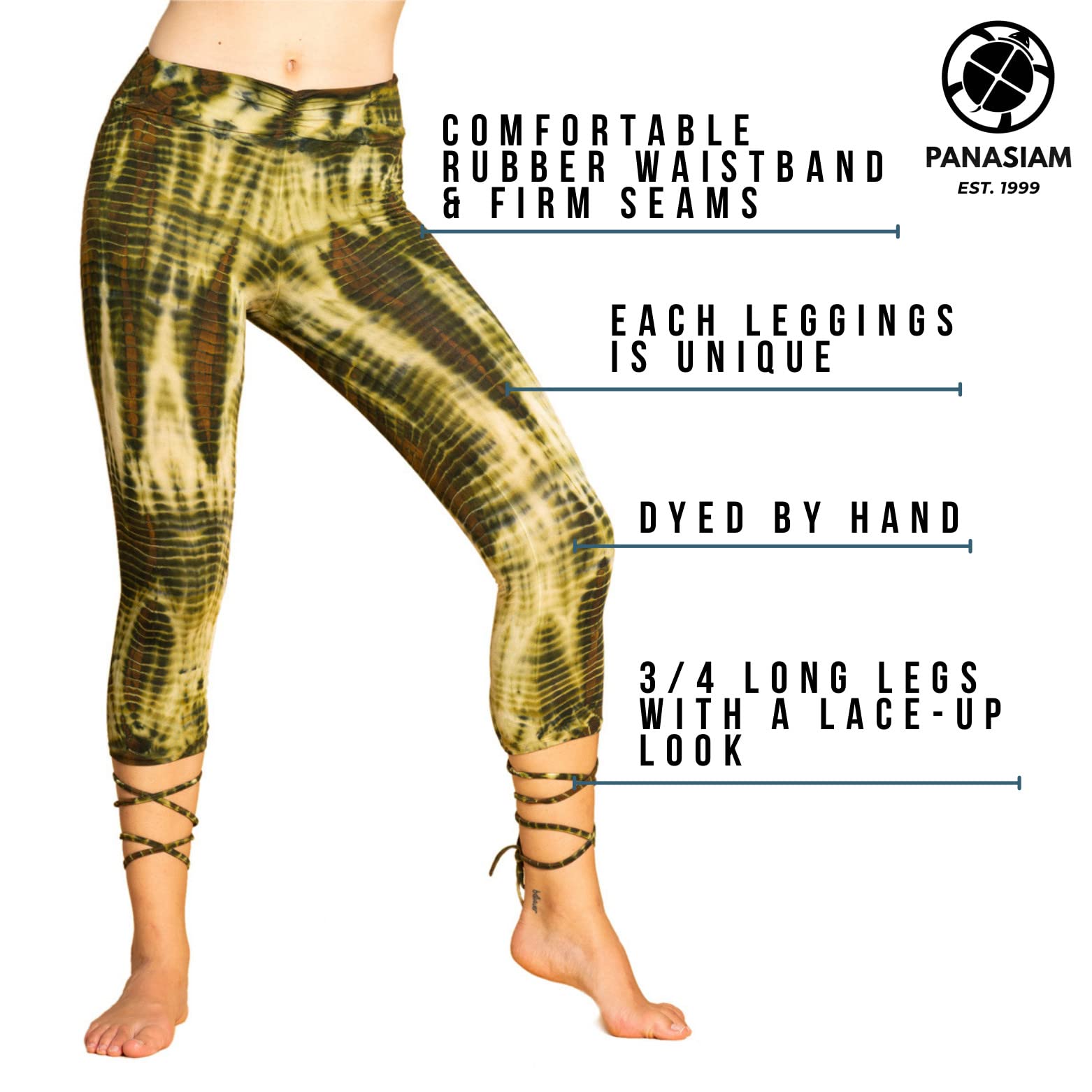 PANASIAM Leggings Capri Donna - Leggings Yoga con Lacci - Lunghezza 3/4 | Tinti a mano, morbida fascia alta in vita, leggings fitness & allenamento, traspiranti, viscosa & elastan, pantaloni yoga