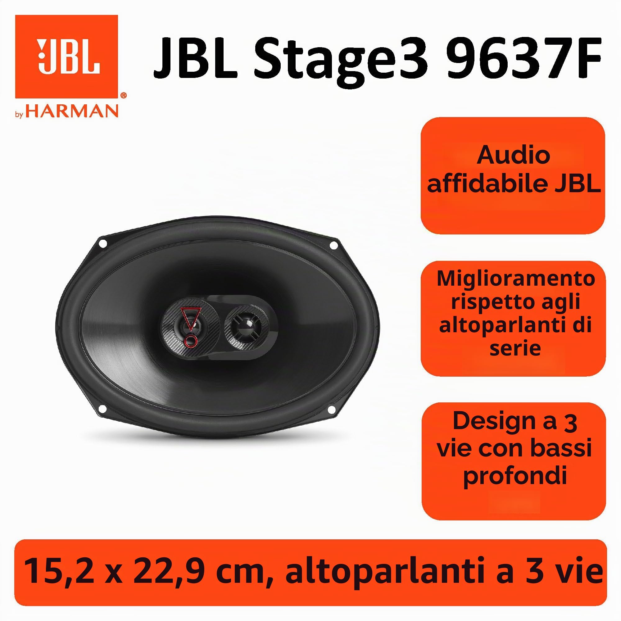 JBL Stage3 9637F - 3-Vie Casse Auto Set di Harman Kardon Senza Griglia - 375 Watt impianto stereo ovale Altoparlanti da 16.5 x 23 cm | 6x9" pollici