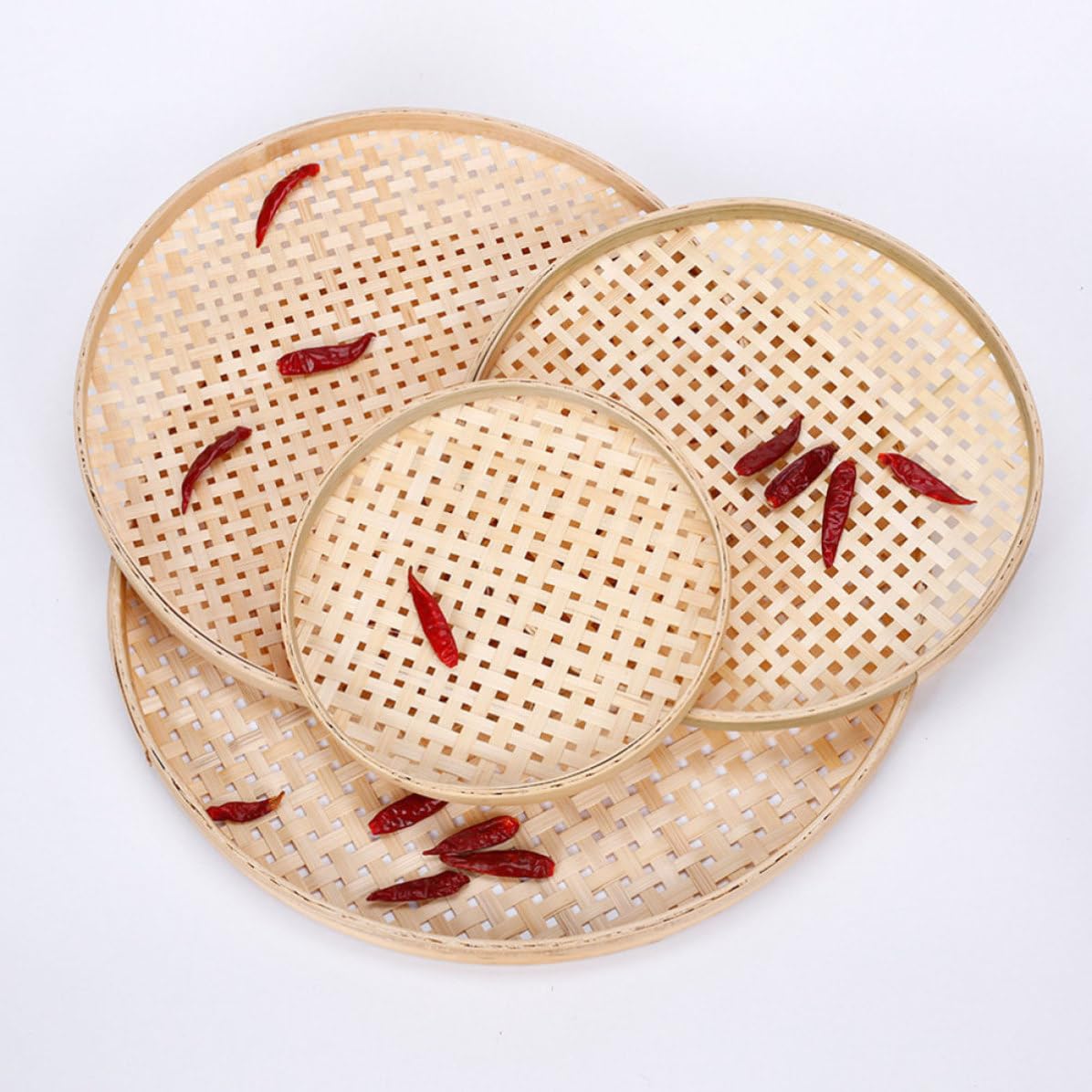 Cesti in Bambù Intrecciati Artigianalmente 2 Pezzi, Forma Rotonda, Tessitura Artistica Naturale, per Cucina e Decorazione Casa Fattura