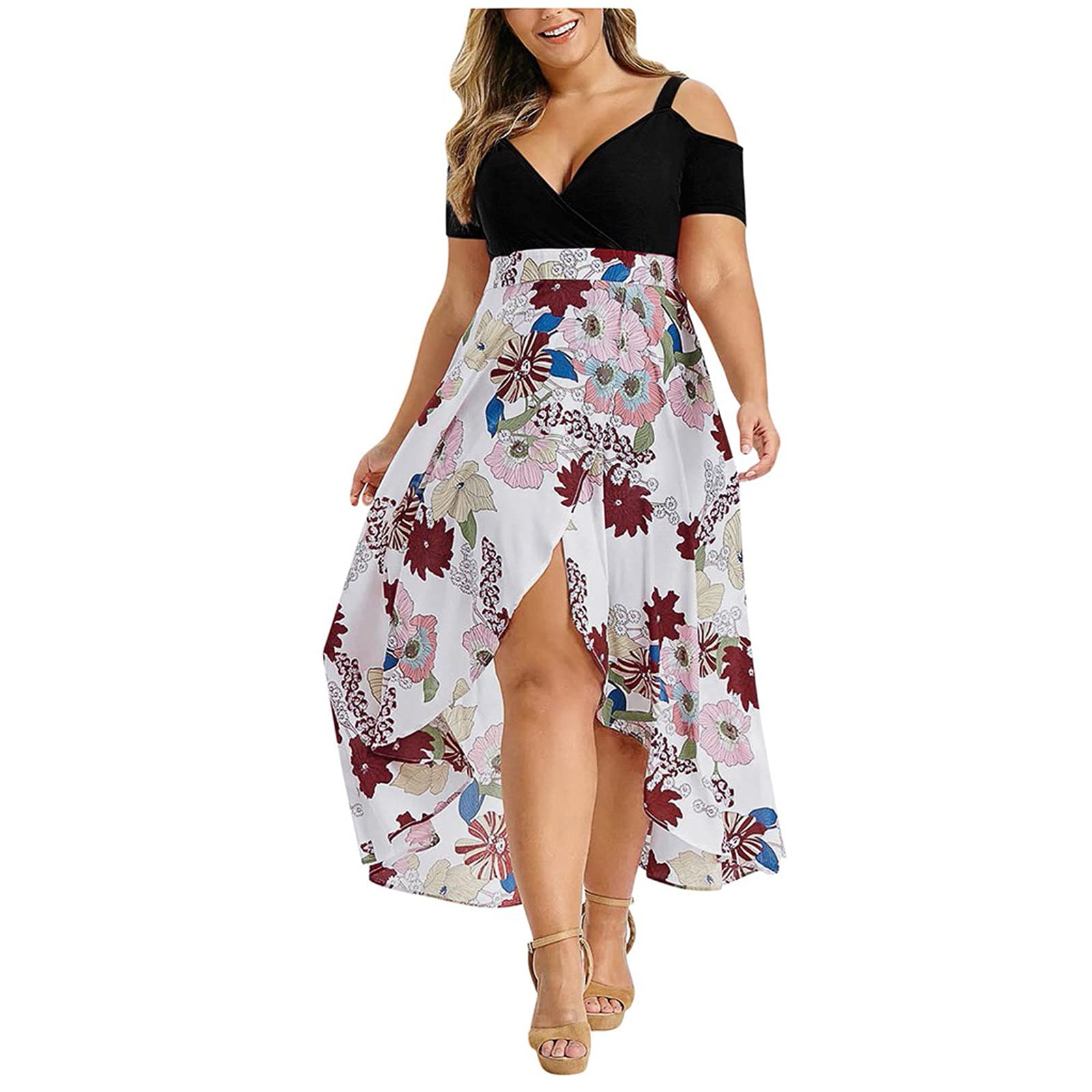 Peigen Womens Plus Size Dresses for Wedding Guest, Boho Floral Cold Shoulder Dress with Short Sleeve Sexy Beach Dress Elegant
