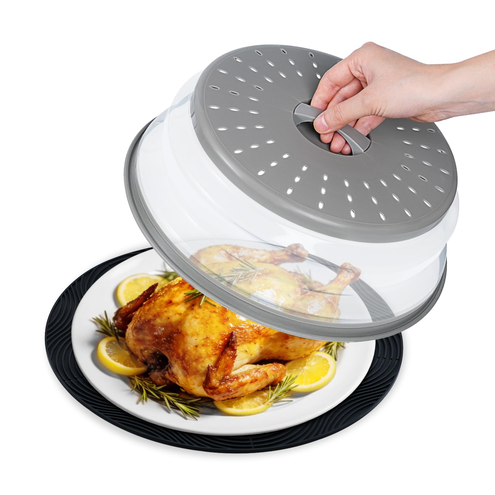 12" Microwave Splatter Cover &amp; Mat, Large Vented Collapsible Splatter Guard Dish Plate Lid &amp; Silicone Round Kitchen Mat for Food