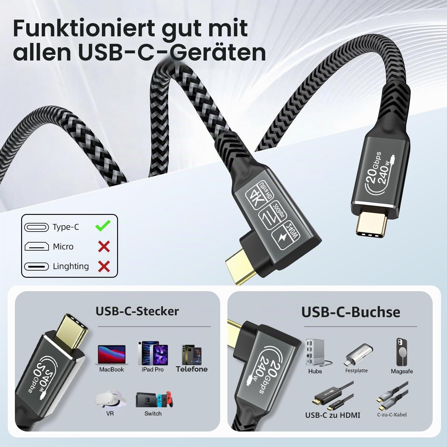 CAKOBLE usb c kabel 5m,[2 Stück 5m] usb 3.2 kabel,20 Gbps usb c datenkabel,PD 3.1 240W Schnellladekabel,4K@144Hz Video für Laptop,Monitor,Hub,Dock,M3,SSD,eGPU,Display,r ladekabel usb c 5m