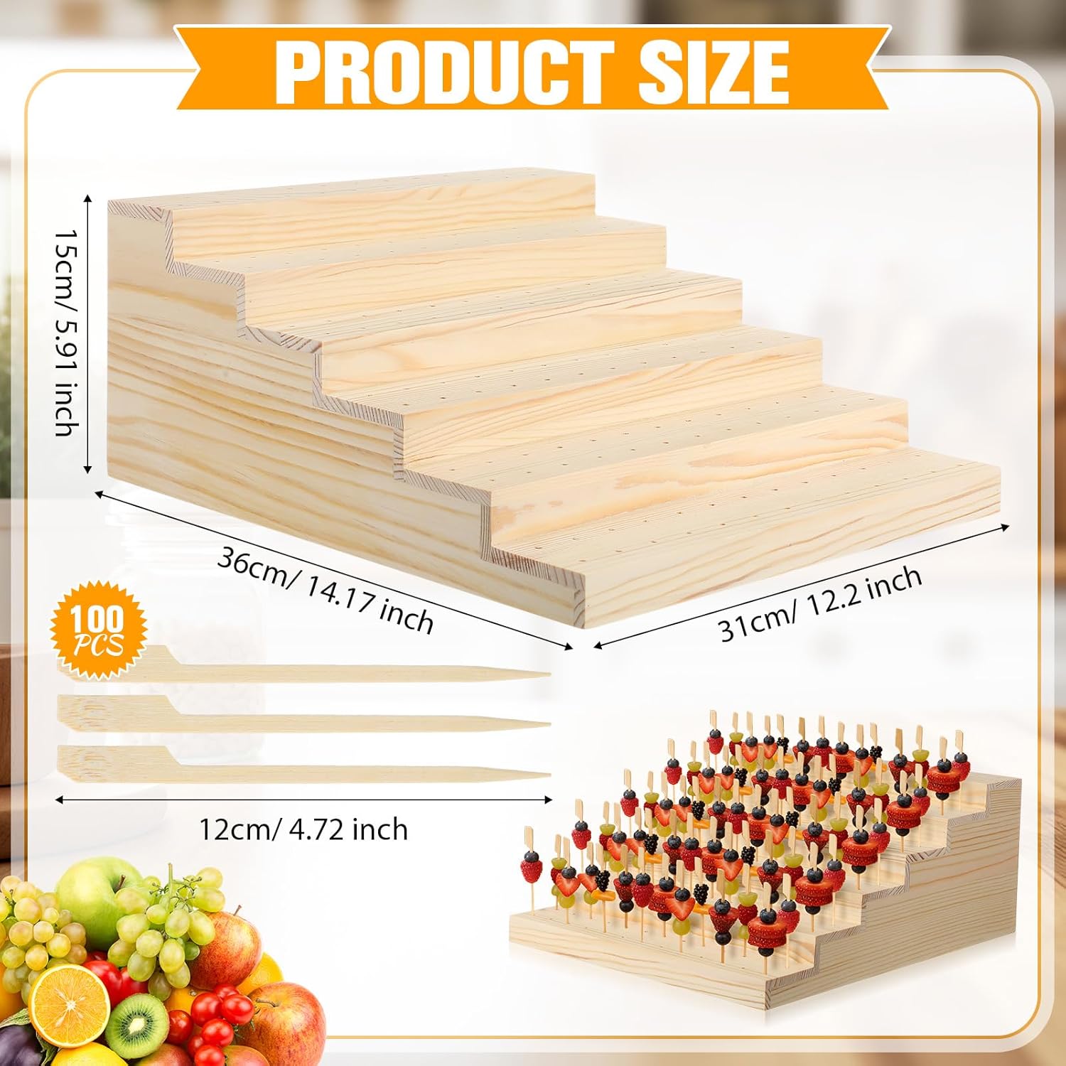 Vesici Skewer Holder with 100 Pcs 4.7" Cocktail Pick, 6-tier 156 Holes Fruit Kabobs Appetizer Food Pick Stand and Display Serving Holder for Party Buffet Catering Event Wedding Christmas Thanksgiving