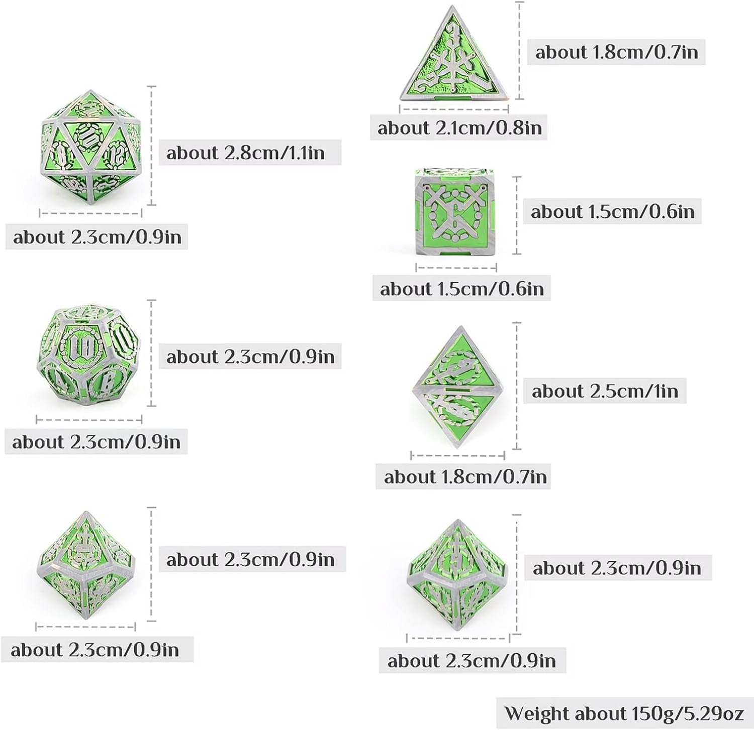 7-piece Green Silver Twin Swords Metal Dice Set, Compatible with Role Playing RPG Board Game Card Game