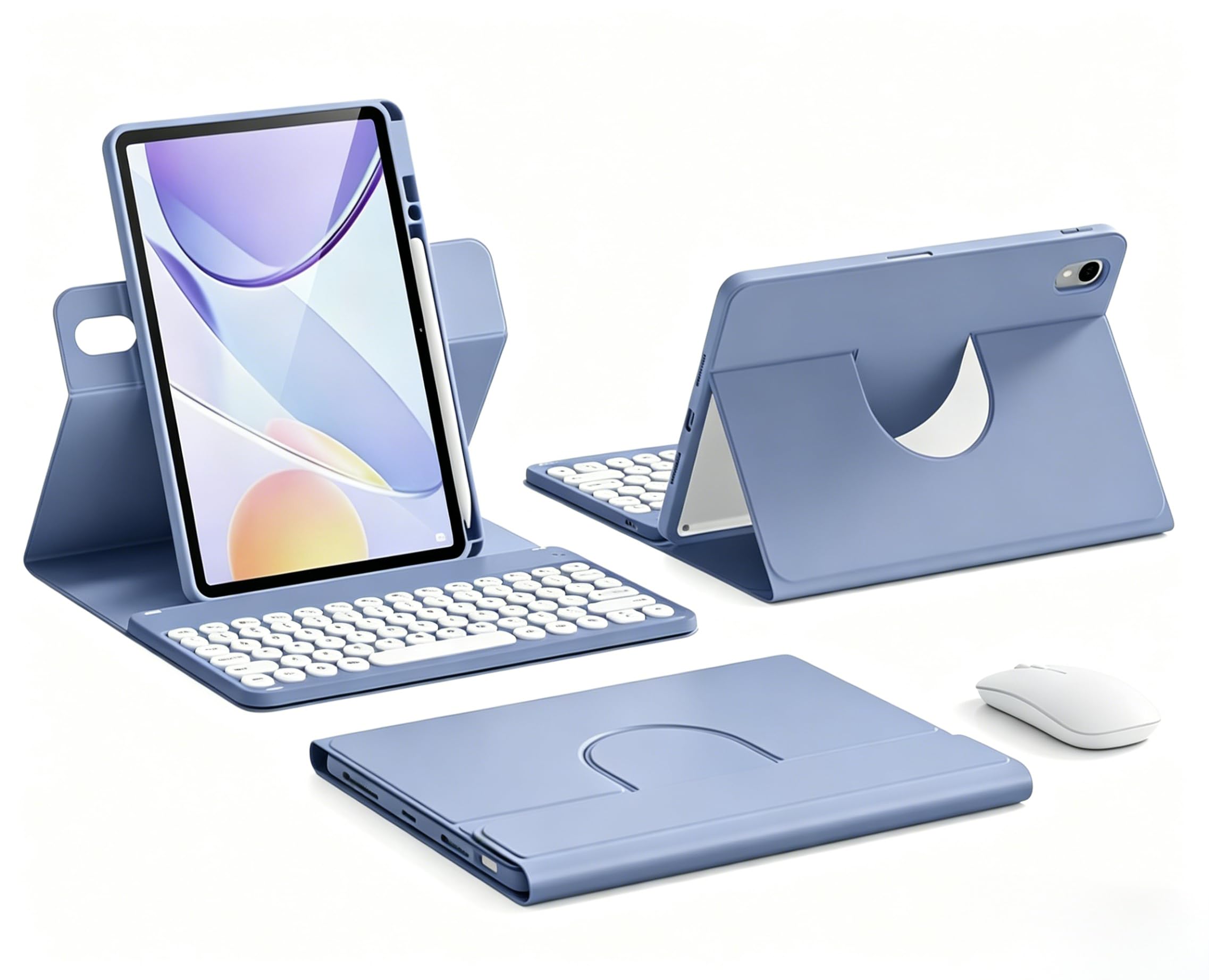 対応 iPad 第9世代 キーボード ケース 10.2インチ iPad 第8世代 第7世代 キーボード 付きカバー 縦置き ペン収納 耐衝撃 透明 クリア 背面カバー マグネット分離式 丸型キー ワイヤレスBluetoothキーボード&マウス付き 可愛い, 紫灰