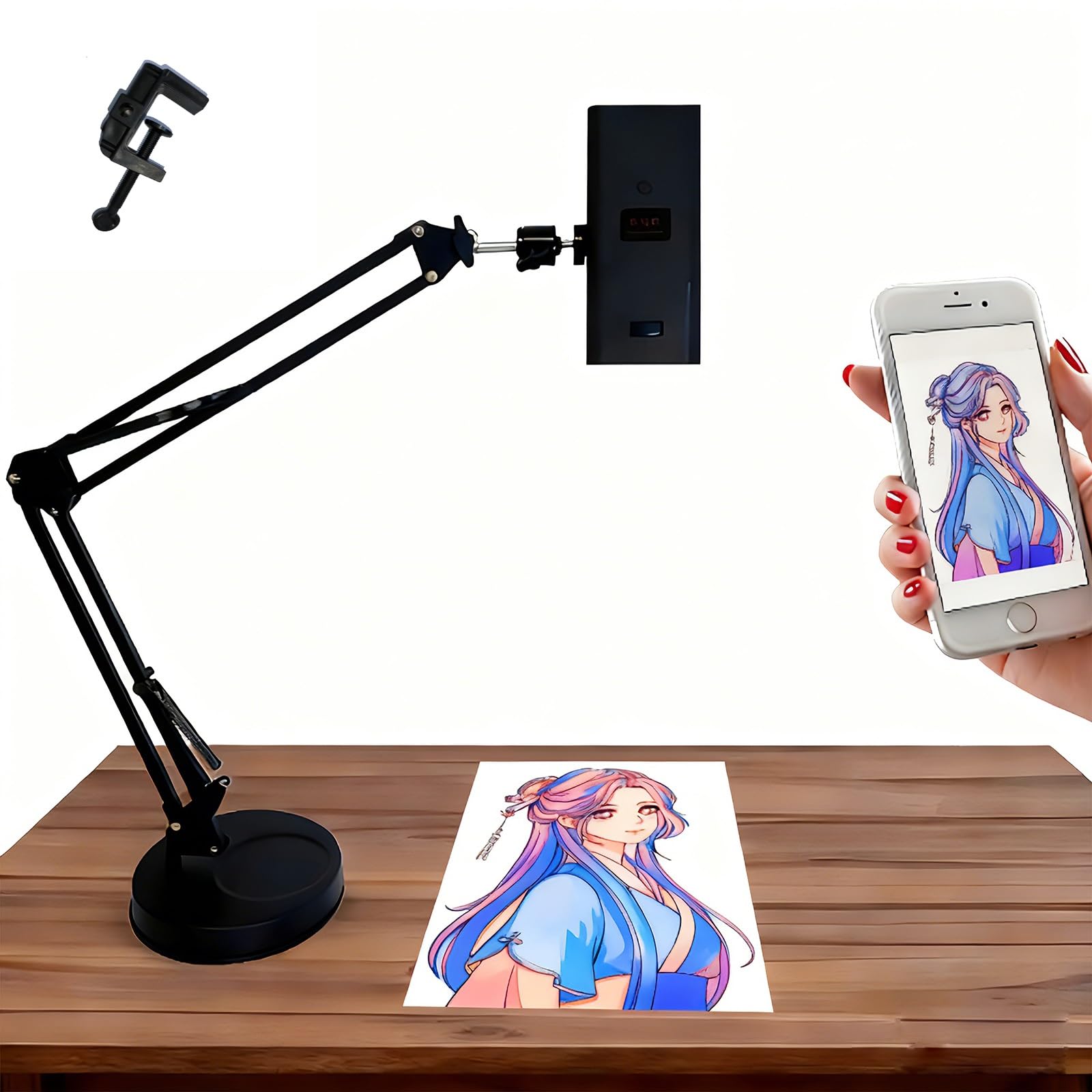 YXFAZPP Przenośny projektor do rysowania, inteligentny projektor szkicownika z mini kontrolą programu, obrót o 360°, składany stojak, korekta czterech rogów