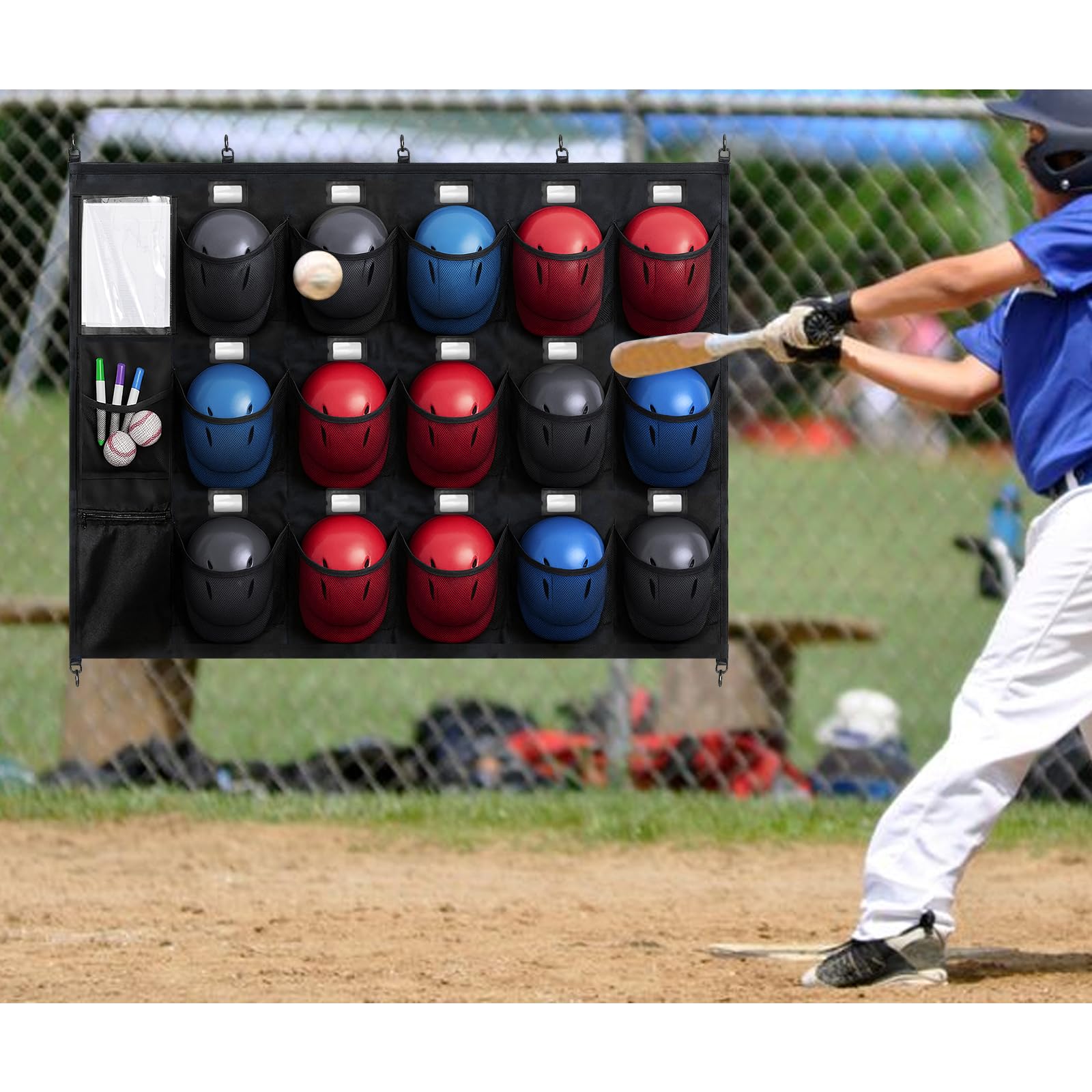 Bolsa colgante para casco para equipo de béisbol y sóftbol, organizador de almacenamiento de equipo de béisbol para 15 jugadores, incluyendo cascos, guantes de bateo, pelotas con tarjetas de nombre,
