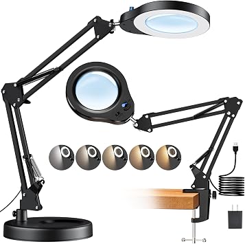 10X Magnifying Glass with Light and Stand, 5 Color Modes Stepless Dimmable LED Magnifier, Hands Free Desk Lamp with Clamp for Close Work Craft Reading Repair