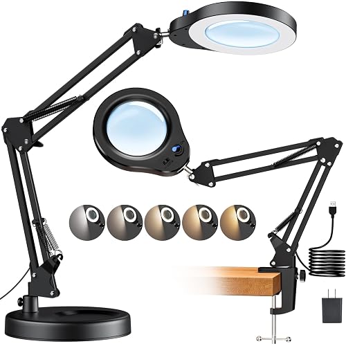 10X Magnifying Glass with Light and Stand, 5 Color Modes Stepless Dimmable LED Magnifier, Hands Free Desk Lamp with Clamp for Close Work Craft Reading Repair