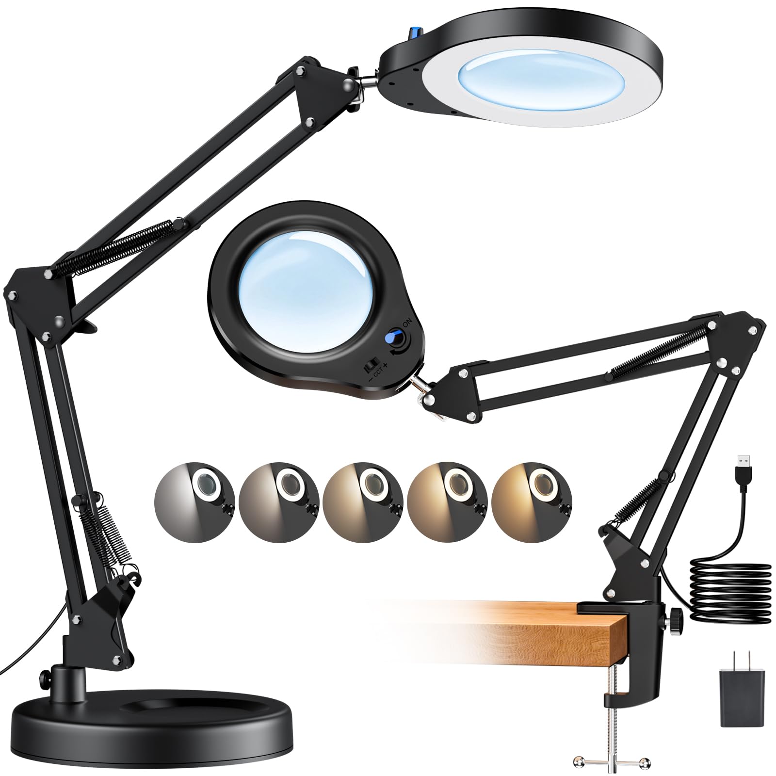 Lupa de 10 aumentos con luz y soporte, 5 modos de color y lámpara de aumento LED regulable continua, lámpara de escritorio manos libres para leer, manualidades, pasatiempos y trabajos