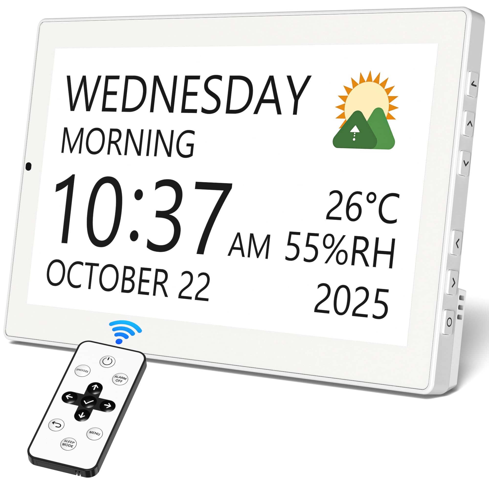 Mesqool 10.1 inch Large Digital Clock displaying time, date, and indoor conditions