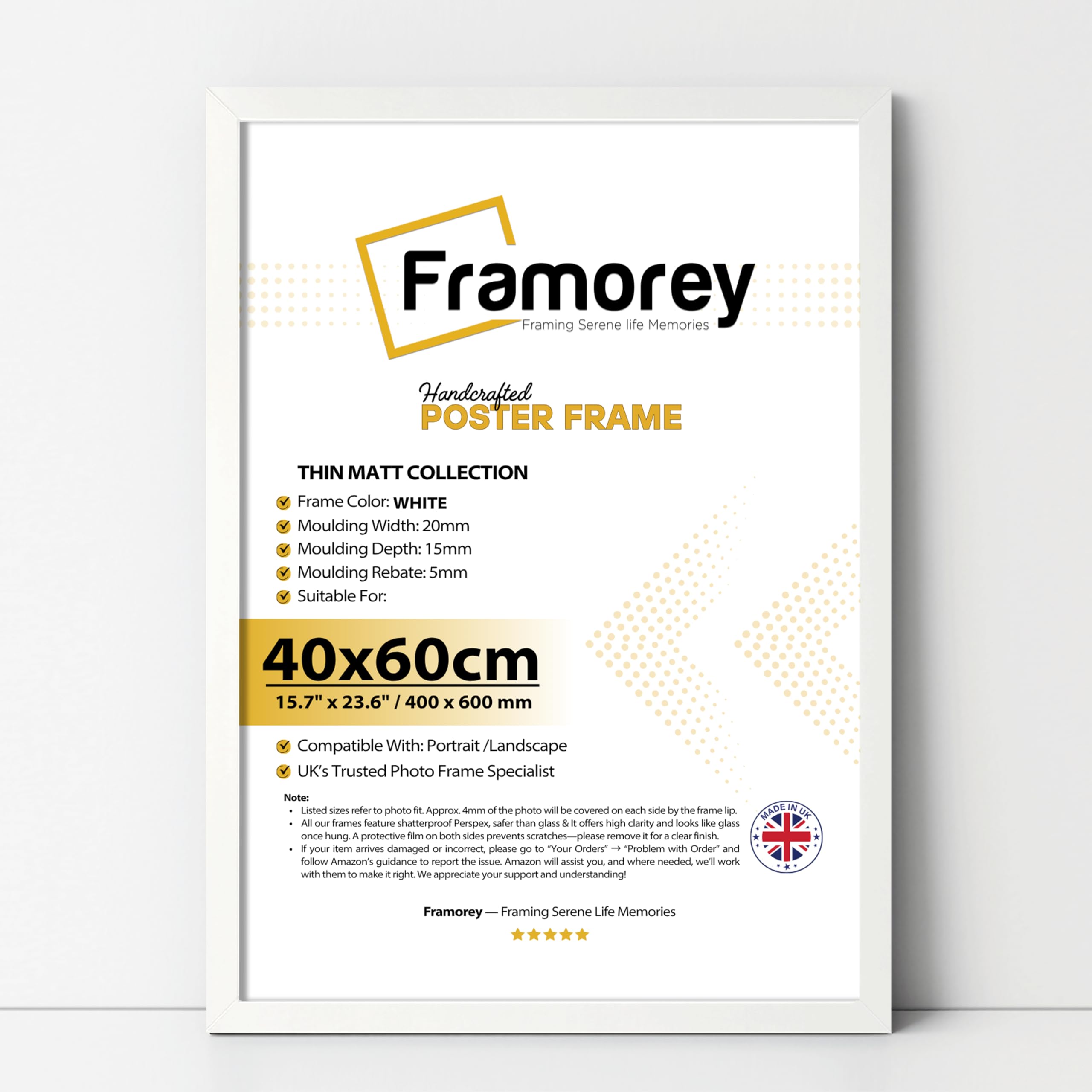 FRAMOREY 60x40cm White Photo Frame – Sleek Thin Matt Design Wall Hanging Photo Frame – 40 x 60 cm White Picture Frame for Illustration Certificate Poster Photo Frame with Plexiglass Window