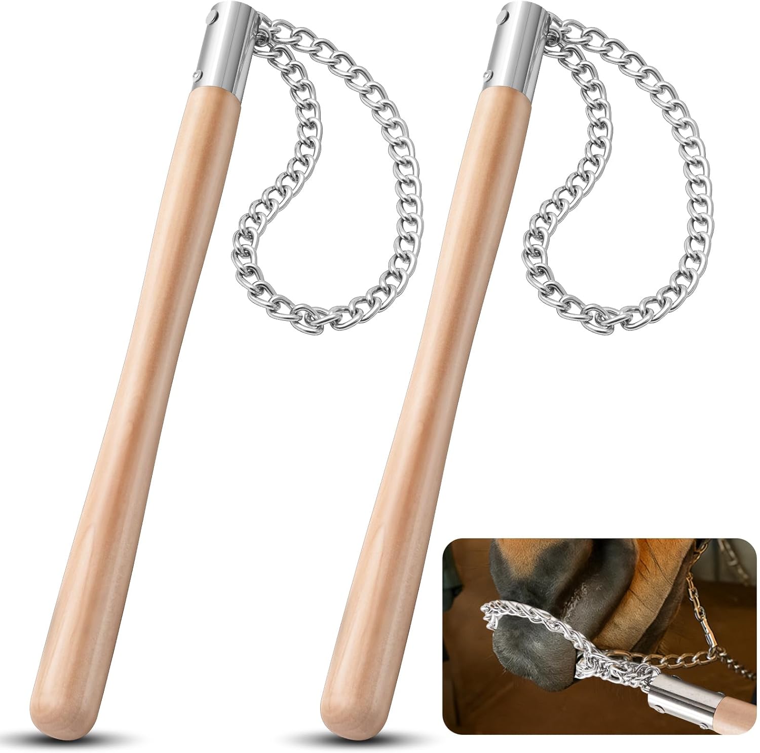 Lasnten 2 Pcs Horse Twitch Chain End Twitch for Horse with 17" Wooden Handle Vet Humane Restraint Tool Equine Nose Calming Handling Aid for Pony Stable Ranch Barn Grooming Veterinary Equestrian Tools