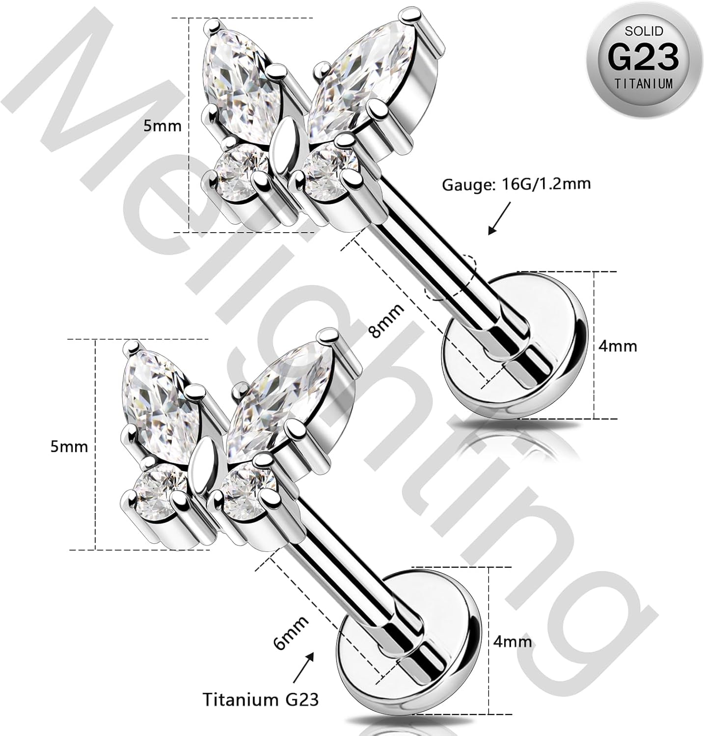 Melighting Titanium Butterfly Helix Earring 16G Cartilage Earring Internally Threaded Clear CZ Helix Stud Titanium G23 Flat Back Earring Labret Jewelry - Image 6