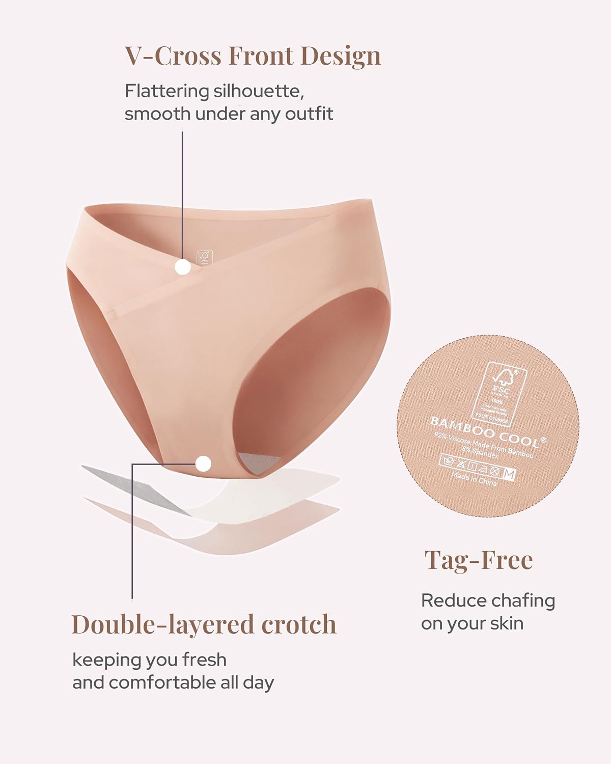 BAMBOO COOL Women's Bamboo Underwear, Seamless Low Rise V-Shape Bikini Panties, Soft Breathable Stretch Hipster Briefs