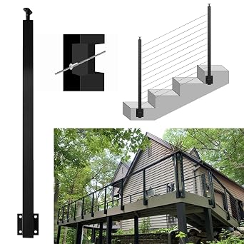 30 Degree Cable Railing Post- 42" x 2" x 2" - 10 Pre-Drilled Slant Holes - Black Stainless Steel Adjustable Top Curved Bracket Right Side Stair Railing Post - Wall Mount - 1Pack