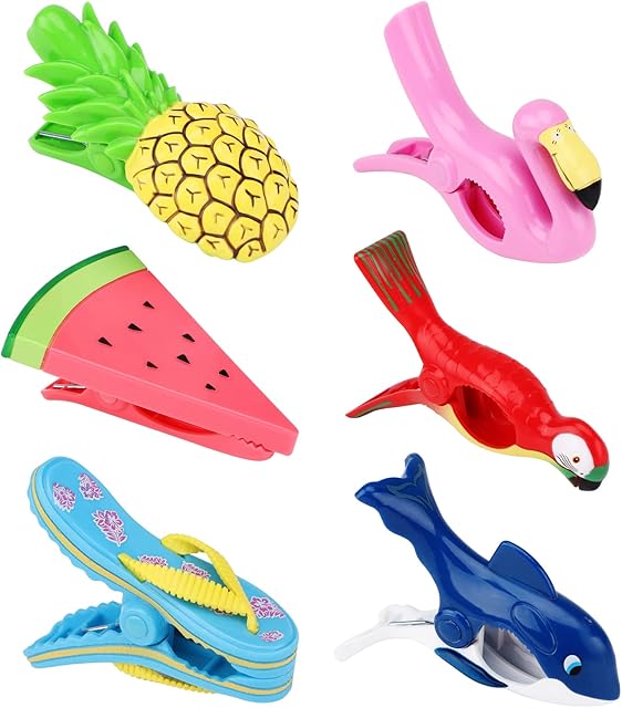 6 Pcs Beach Towel Clips,Beach Towel Pegs,Towel Pegs for Sun Lounger Pool,Flamingo,Parrot,Watermelon,Pineapple Chair Clips Portable Towel Holders Clips,Sunbed Pegs Large Laundry Clothes Pegs (Pink)