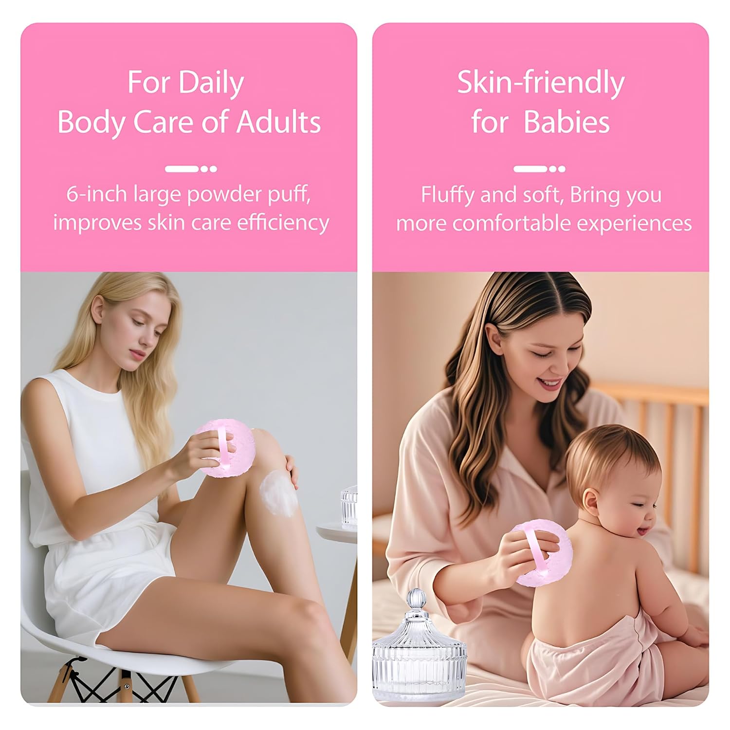 Body Powder Puff and Container Extra Large, 6" Crystal Glass Storage Jars with Oversize Dustproof Lid for Loose Powder with Soft Washable Reusable Fluffy Puff Perfect for Skin Care