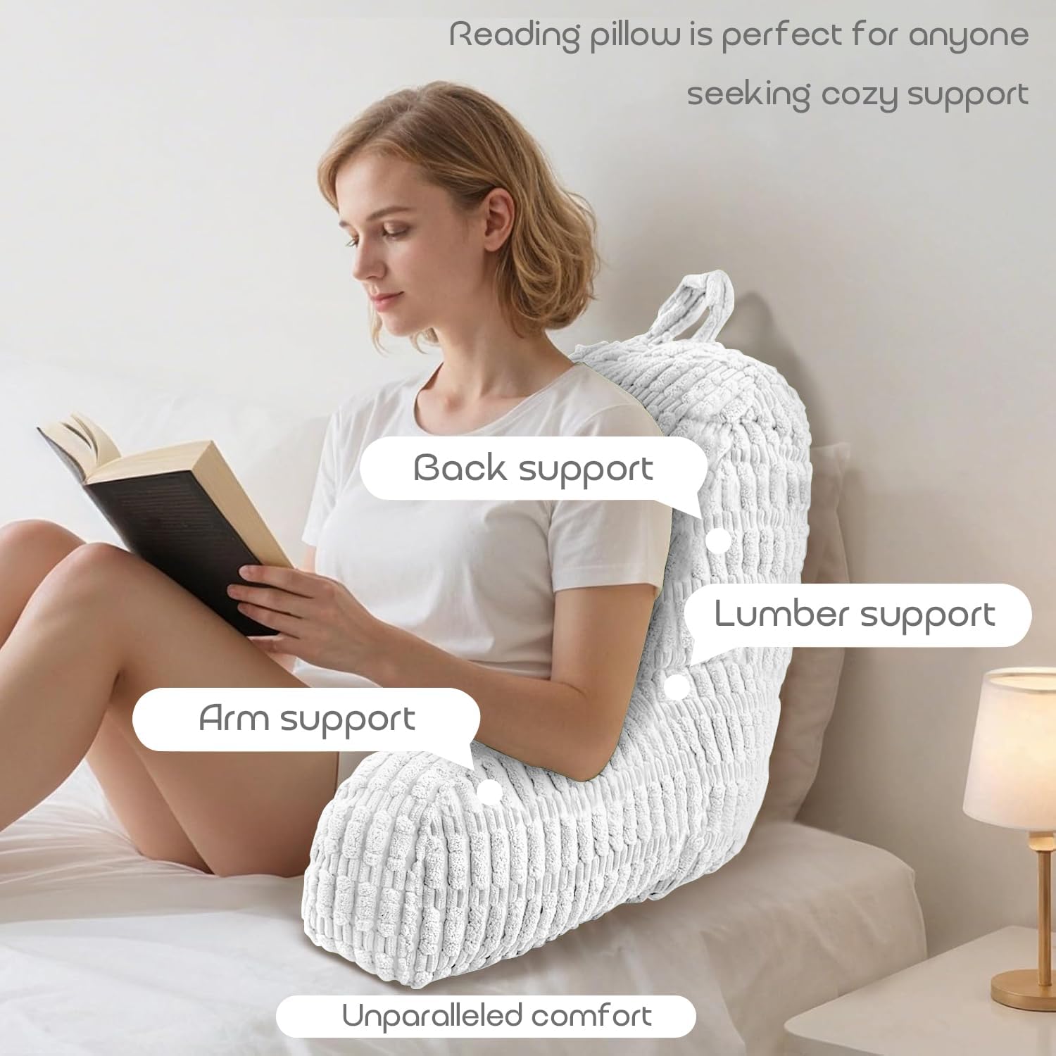 Reading Pillows for Sitting in Bed Adult, Back Rest Pillow for Sitting in Bed and Chair， Back Support Chair Pillow for Couch Support for Adult Backrest Pillows for Reading White