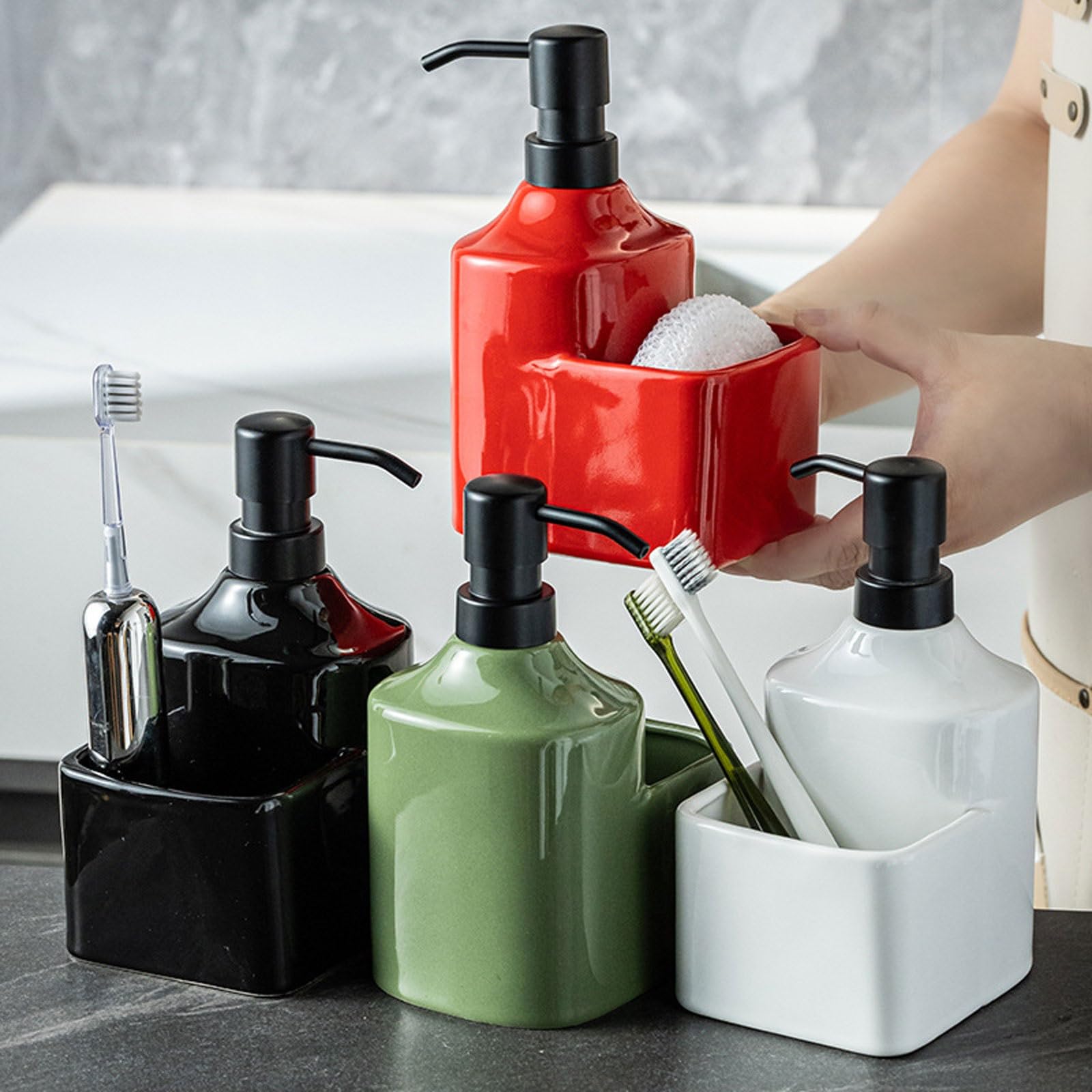 Ręczny dozownik mydła z, Dozownik do mydła 2 w 1 z uchwytem na gąbkę, wielokolorowy, sztuki, ceramiczny(Red)
