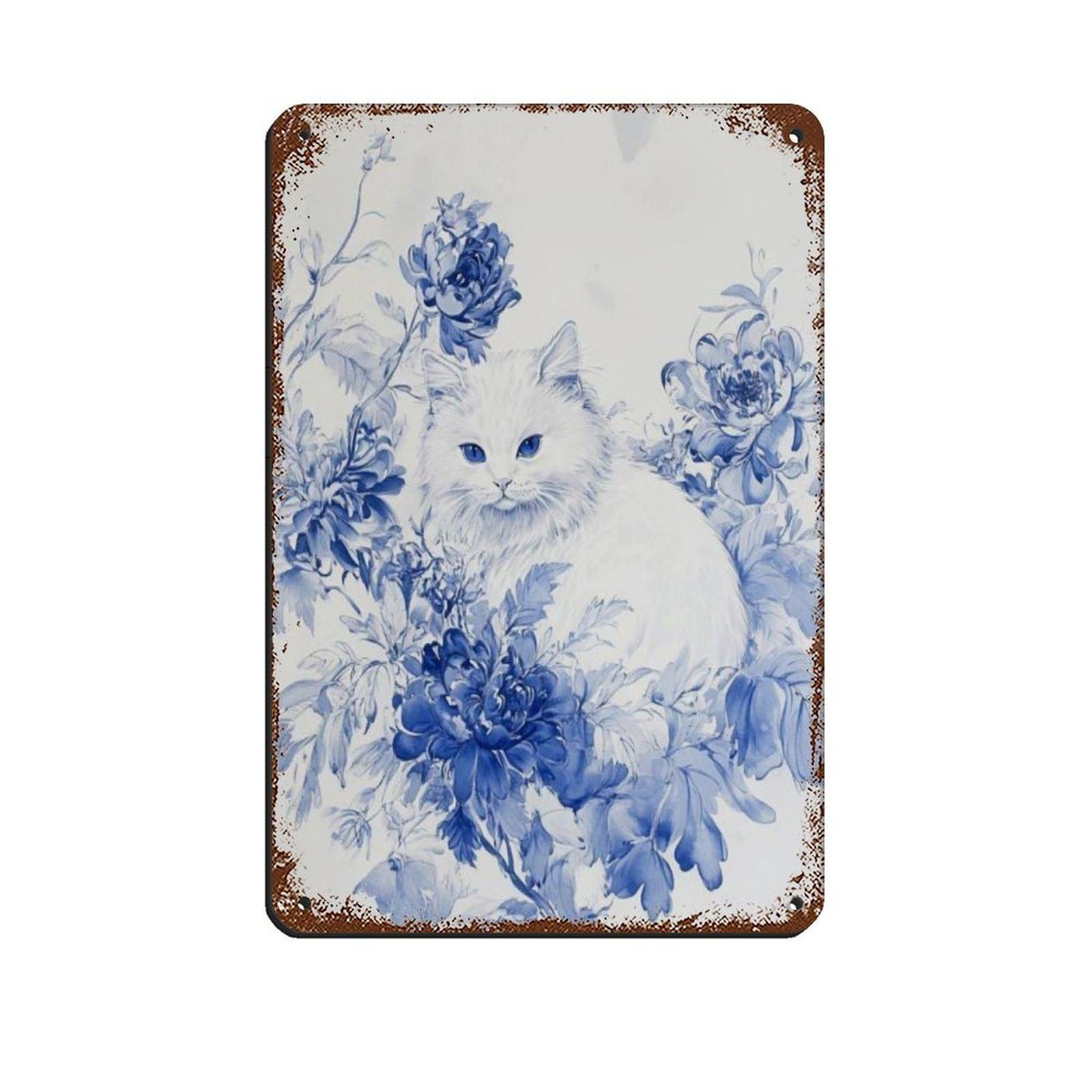 Lxwnze 20L X 30W Cm Schattige Witte Kat Met Blauwe Bloemen Poster Retro Poster Metal Tin Sign Chic Art Retro Iron Painting Bar People Cave Cafe Family Garage Poster Wall Decoration 8X12inch(20X30cm)