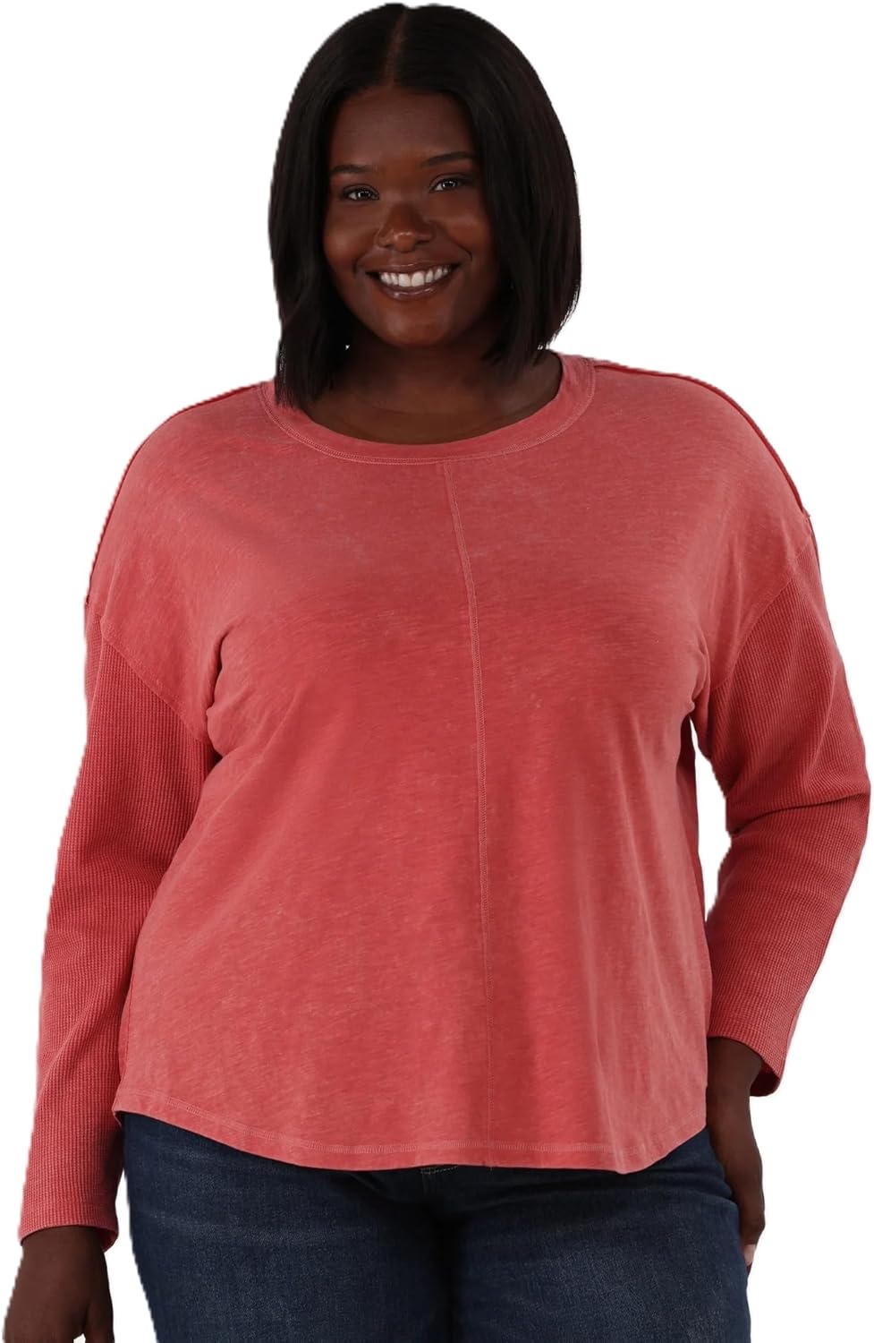 Terra & Sky Women's Plus Size Textured Scoop Neck Top with Long Sleeves, Coral, 2X - Image 2