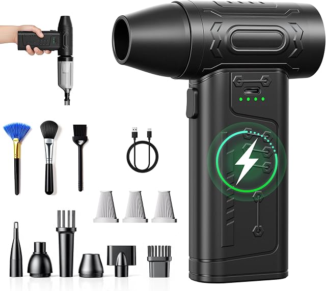 FOURQ 2-in-1 Electric Air Duster & Mini Vacuum, 150,000 RPM Brushless Motor, 2LB Extreme Thrust / 8000Pa Suction, 4000mAh Rechargeable Jet Fan for Car Detailing, Keyboard & PC Cleaning