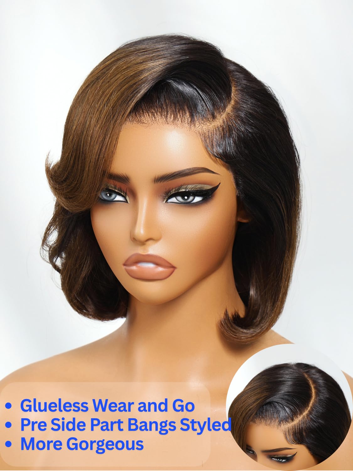Nadula Glueless Bye Bye Knots Short Bob Drawstring Wig human Hair with Blow Out Bangs, Black to Chestnut Brown Ombre Pre Cut 7X5 HD Lace Front Wigs Pre Plucked Bleached Knots Ready to Wear 14inch