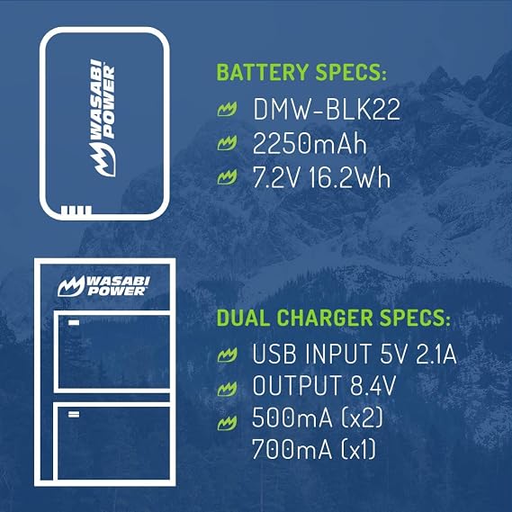 Wasabi Power Battery (2-Pack) and USB-C Dual Battery Charger for Panasonic DMW-BLK22 and Panasonic Lumix G9 II, GH5 II / GH5M2, GH6, GH7, S5, S5 II / S5II / S5M2, S5 IIX / S5IIX / S5M2X, S9
