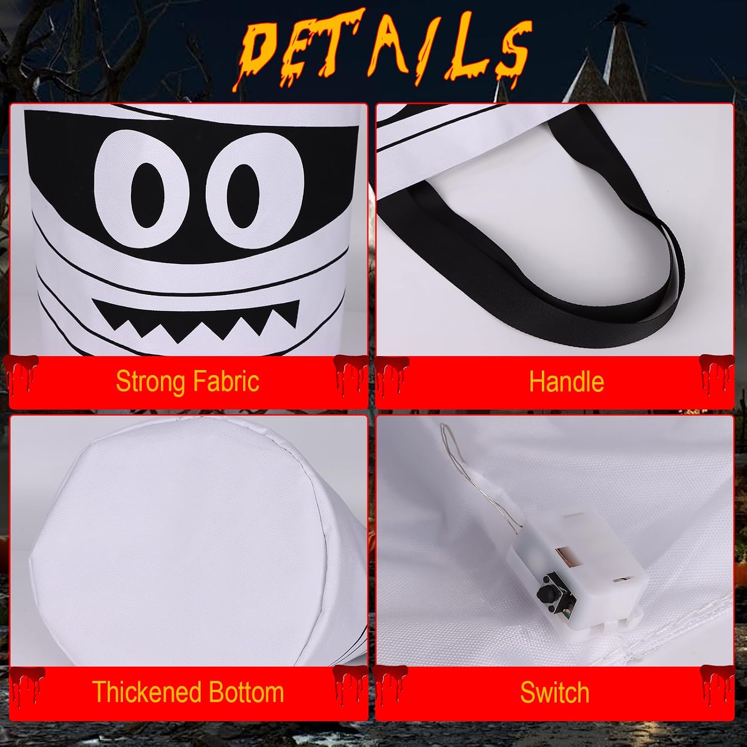 Halloween Trick or Treat Candy Bags LED Light Up Pumpkin Bucket, Collapsible Reusable Candy Basket, Fabric Tote Gift Goody Bags for Kids Halloween Party (White)