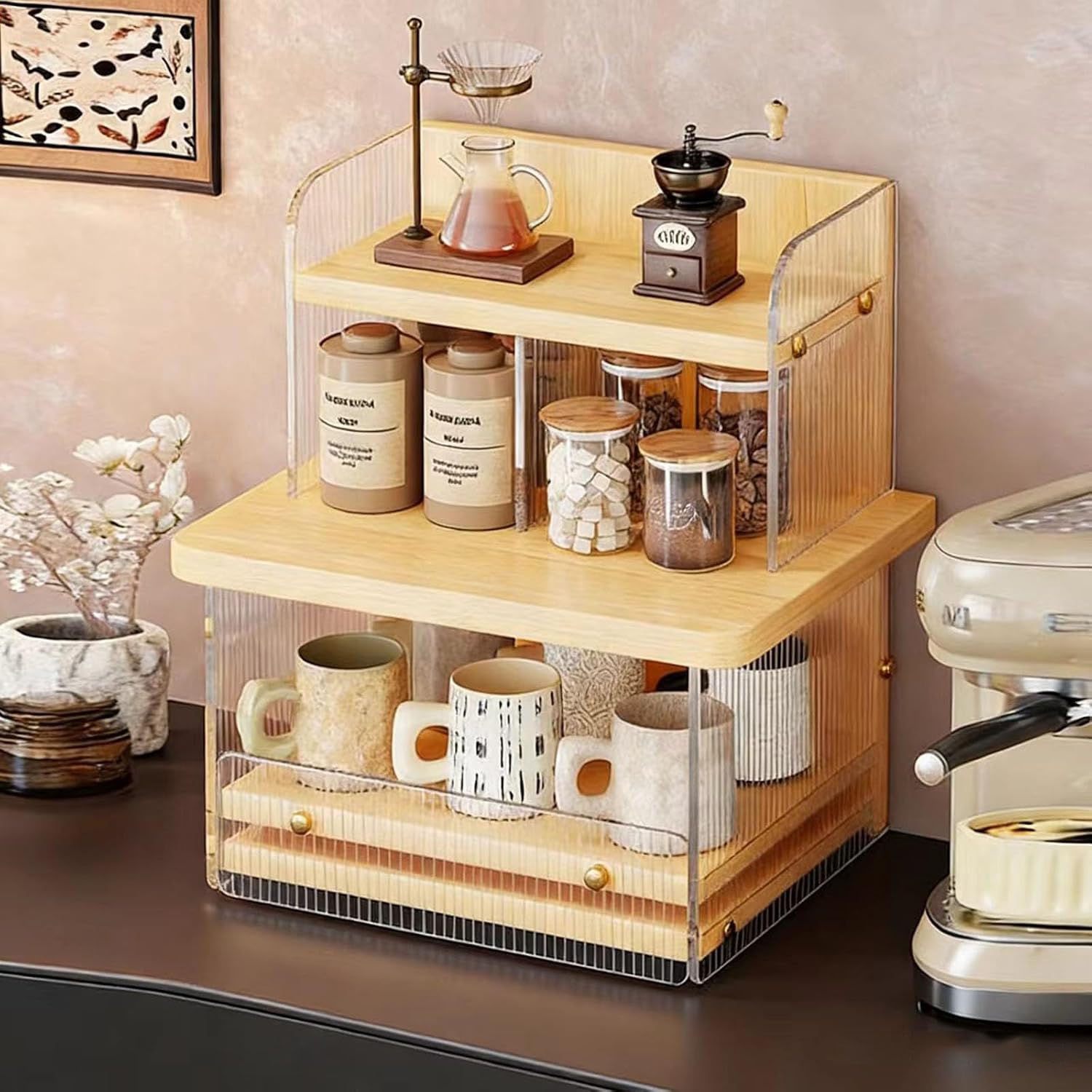 Acrylic Coffee Cup Display Shelf, Multi-Layer Countertop Mug Organizer with Pull-Out Drawer, Retro Water-Ripple Design, 2-Tier Storage Rack for Kitchen, Coffee Bar, or Entryway (Walnut with Black Tea)