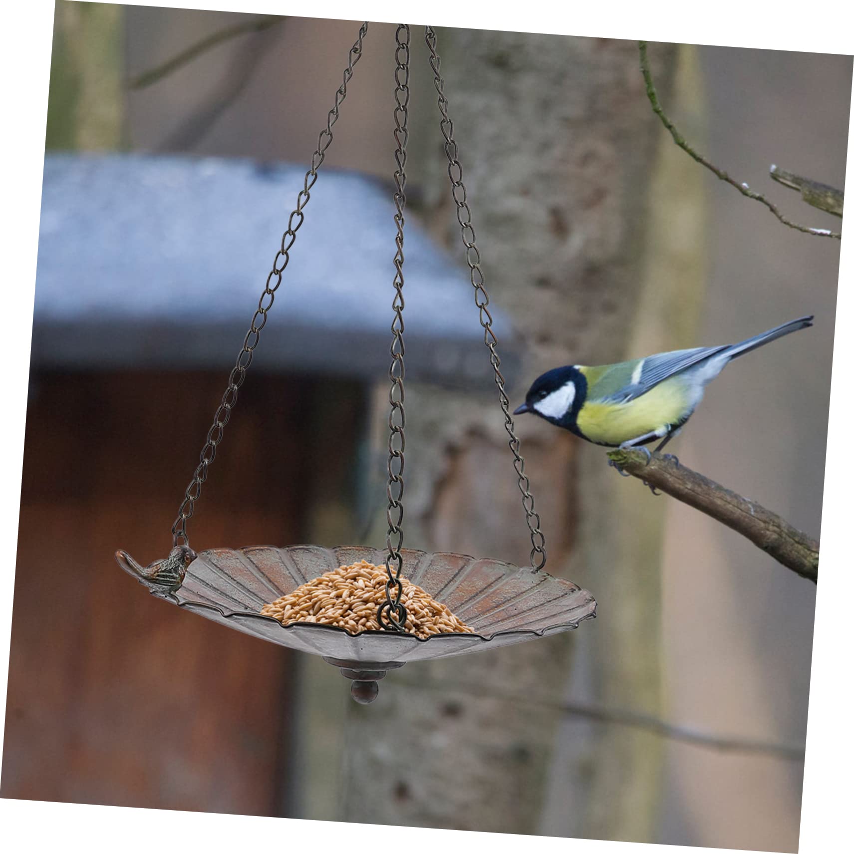 POPETPOP 1pezzi Mangiatoia per Uccelli Sospesa in Ferro Battuto Contenitore per Cibo per Uccelli Retrò Esterno Durevole Decorazione da Giardino
