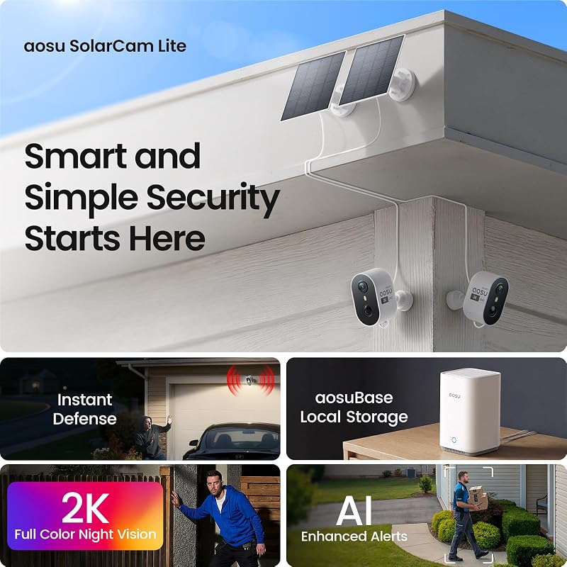 aosu 2K Solar Security Cameras Wireless Outdoor System, 6-Cam-Kit | True 2K HD, Color Night Vision, Cross-Camera Tracking, PIR + AI Human Detection, Local Storage, No Subscription Required image 2