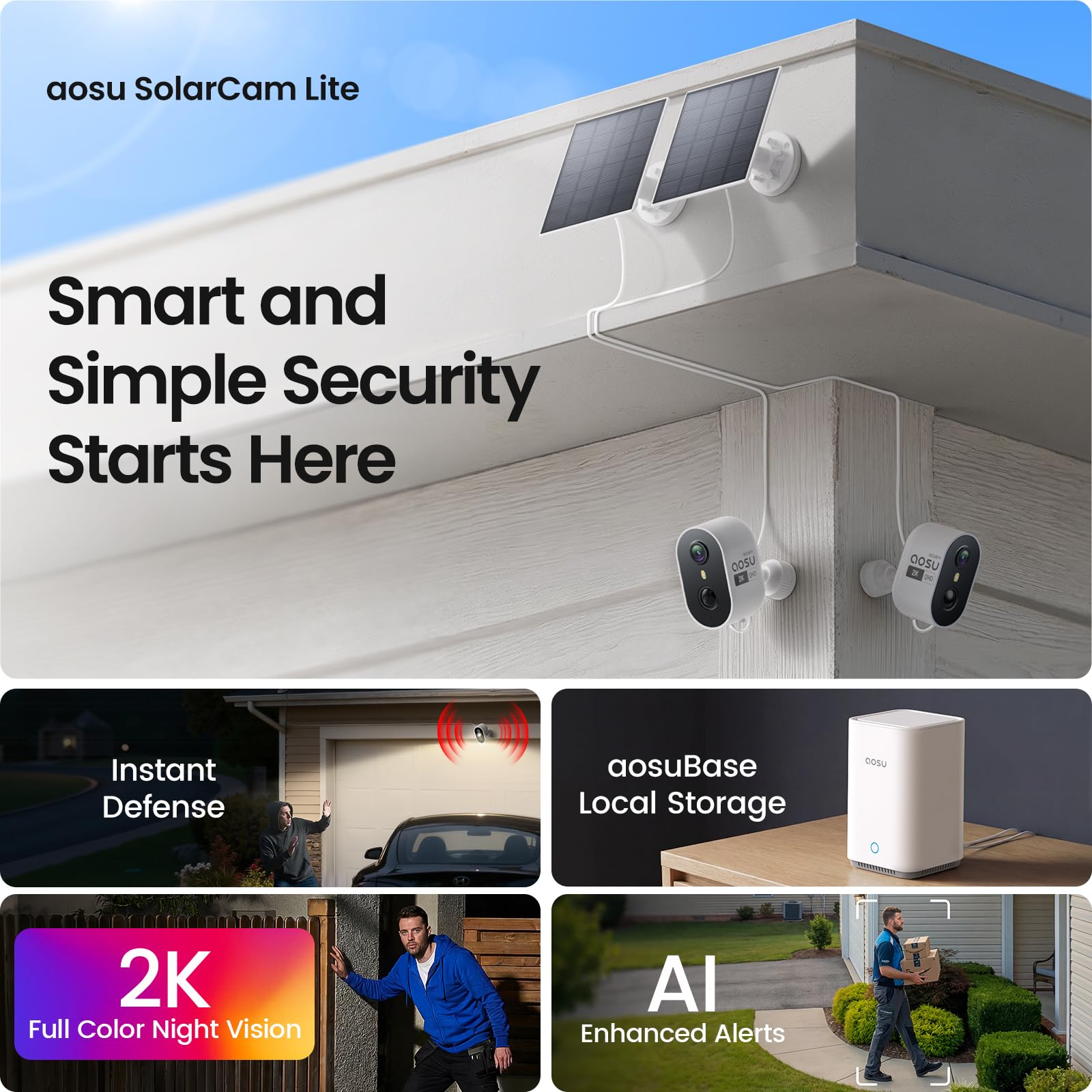 aosu Security Cameras Wireless Outdoor Home System, Solar Powered, True 2K HD, Color Night Vision, Cross-Cam Tracking, Spotlight & Siren Alarm, Motion Detection, No Subscription Required, 2-Cam-Kit - 2