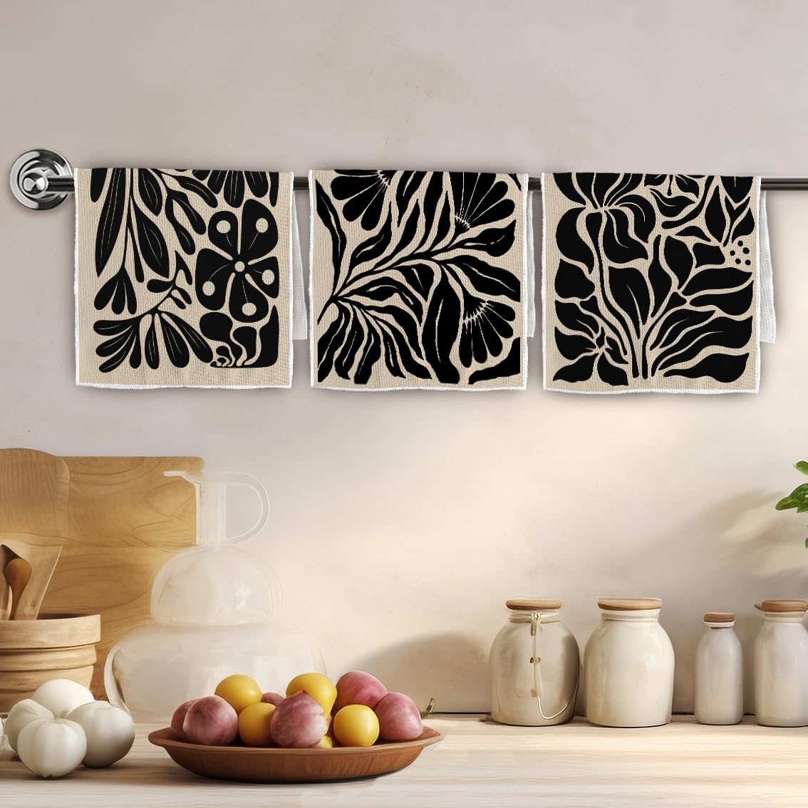 TNUW Boho Floral Kitchen Towels 16x24in Set of 3, Black Floral Hand Towels for Kitchen Bathroom, Boho Abstract Flower Dish Towels