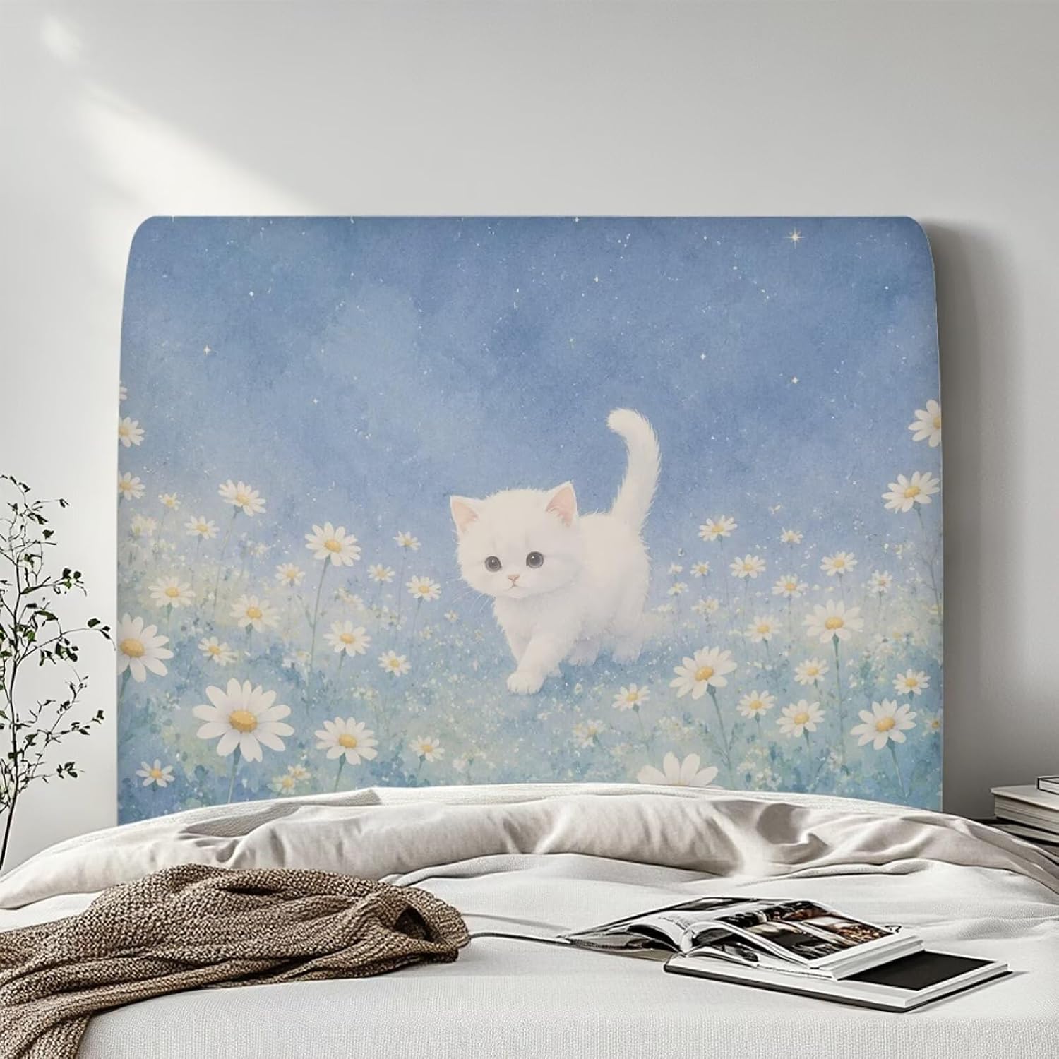 Household Decor Printed Bed Head Slipcover, Breathable Stretch Dustproof Bed Headboard Protector Cover Practical Bedroom Accessory for Twin Size Home Decor, Cat Daisy Print