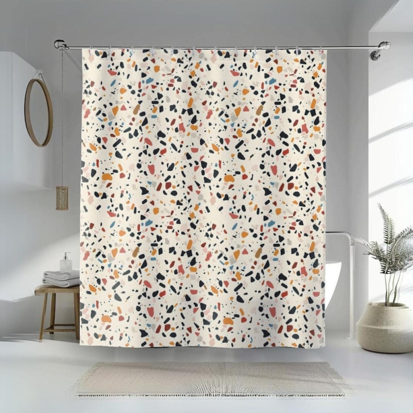 Uiyiui Multicolor-4 Bohemian Modern Terrazzo Pattern Shower Curtain For Bathroom 33X83in/85X210cm/Wxh Minimalist Washable Waterproof Cloth Bathroom Curtains With 12 Hooks For Shower Stall Bathtubs