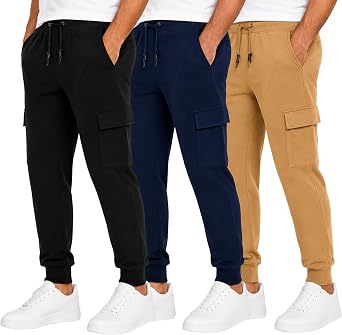 Essential Elements Mens 3 Pack Fleece Cargo Jogger Sweatpants with Pockets