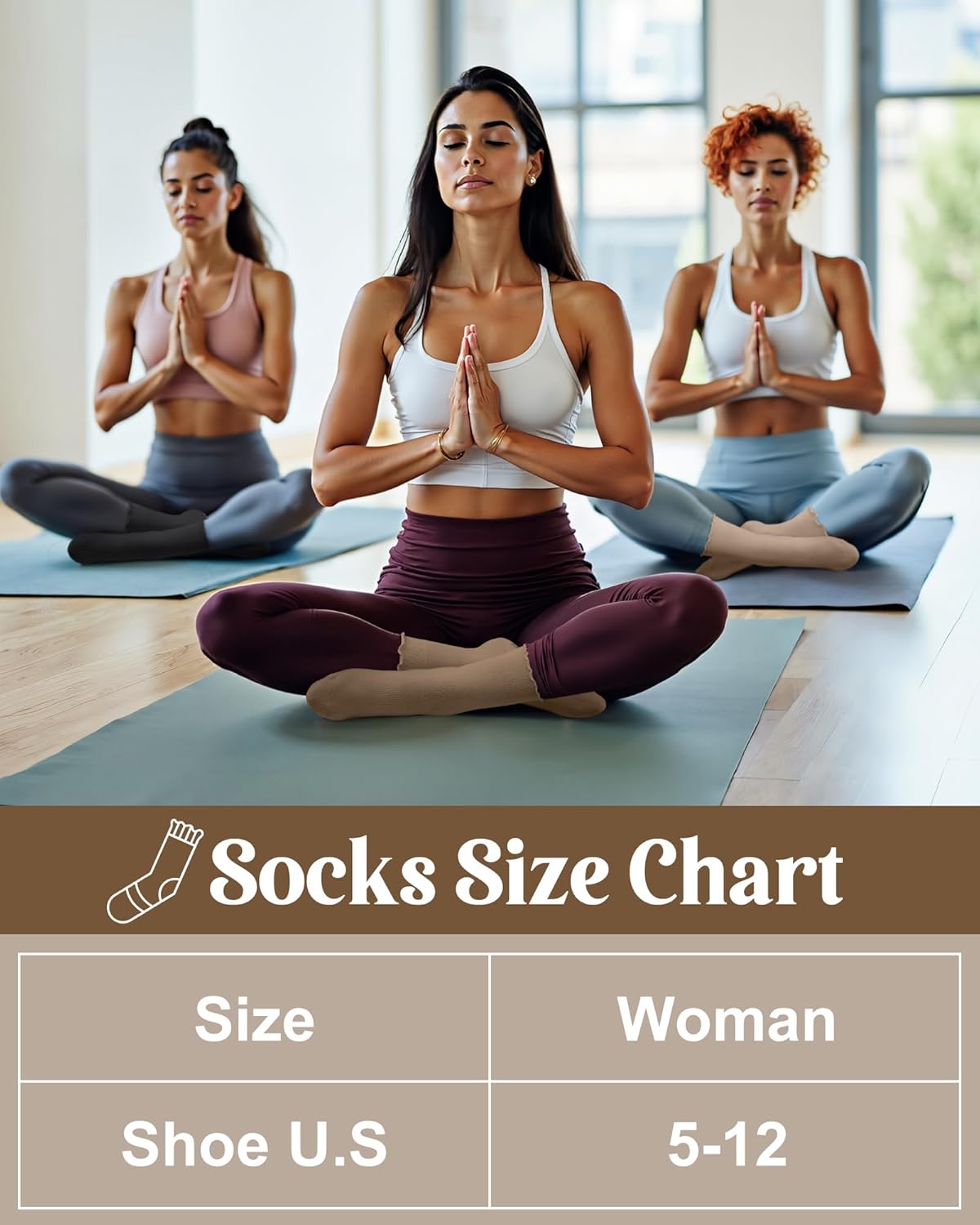 5 Pairs Pilates Yoga Socks with Grips for Women, Cute Cotton Ruffle Frilly Cuff Non Slip Grippy Athletic Crew Socks - Image 5