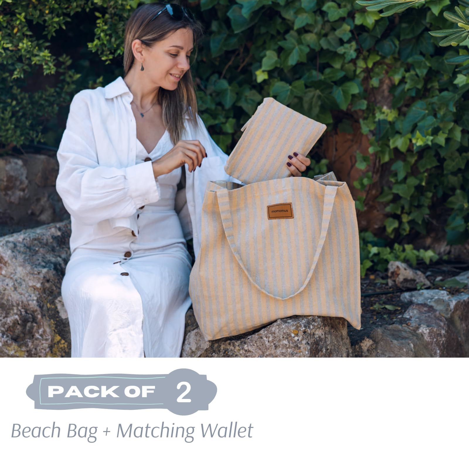 MOMOMUS Bolsa de Playa XXL 100% Algodón Reciclado Plegable para Mujer Grande y Familiar Verano Piscina