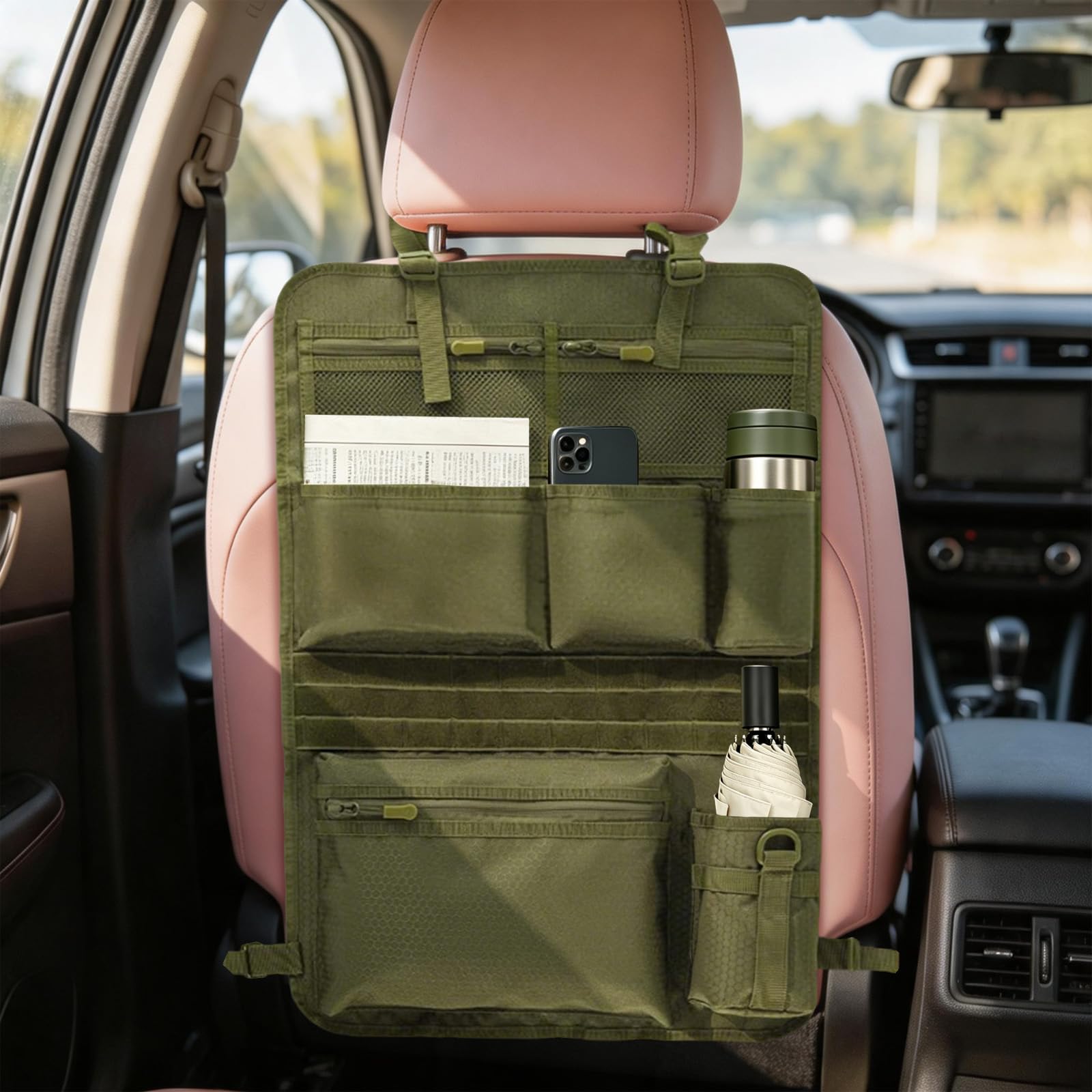 Borsa tattica per sedile auto, verde oliva, 42 x 62 cm, per SUV, MPV | Borsa tattica per zaino in tessuto Oxford, 42 x 62 cm, per auto, SUV, MPV, ideale per viaggi e pendolari.
