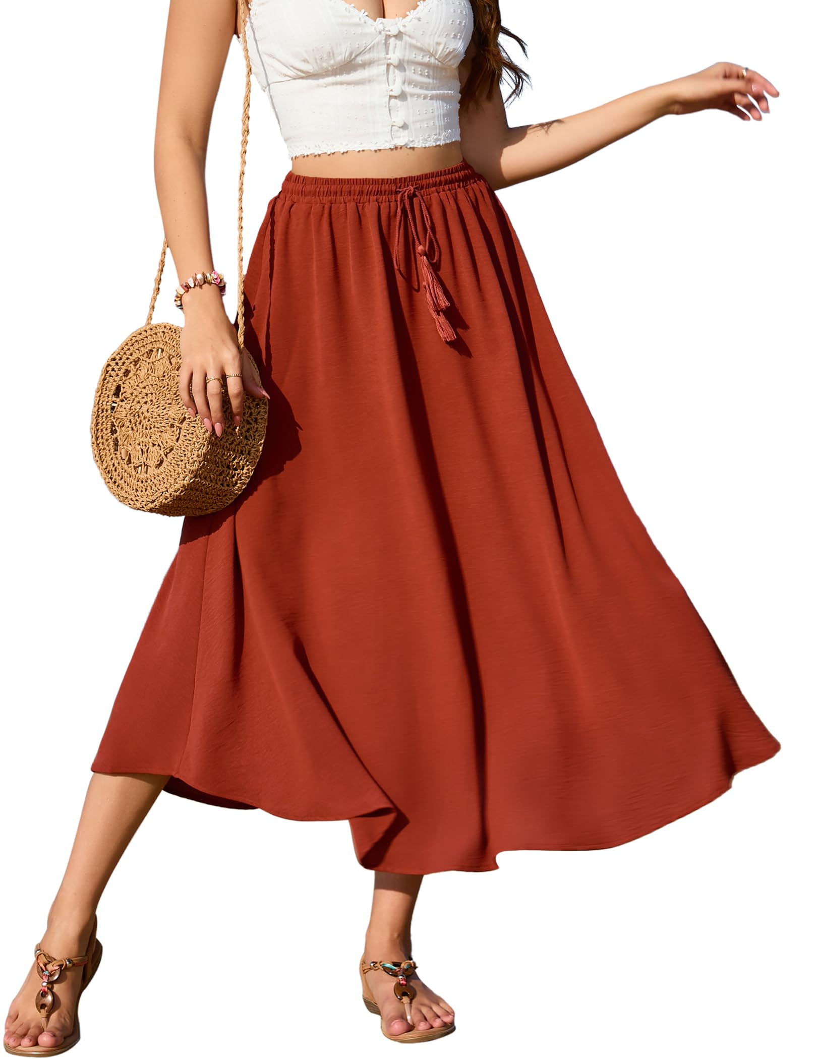 Zeagoo Rock Damen Lang Elegant Röcke Hohe Taille Sommer Maxirock Mit Kordelzug Einfarbig Casual Freizeitrock Hochzeit Cocktail Skirt