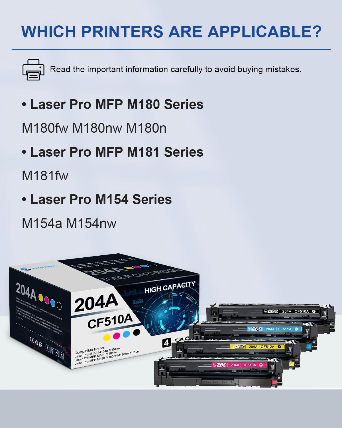 204A Toner Cartridges 4 Pack(BK/C/M/Y): Compatible CF510A CF511A CF512A CF513A Toner Replacement for HP 204A M180 M180nw M180n M181 M181fw M180fw M154 M154nw M154a Printer