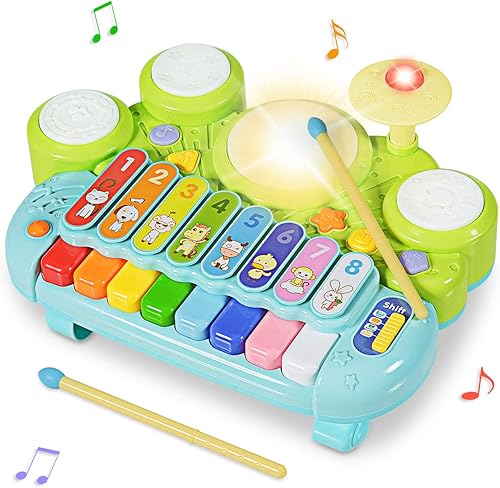 Costzon Juguete musical 3 en 1, xilófono electrónico con tambor de juego, instrumentos de percusión y tambor para niños, teclado de piano educativo,