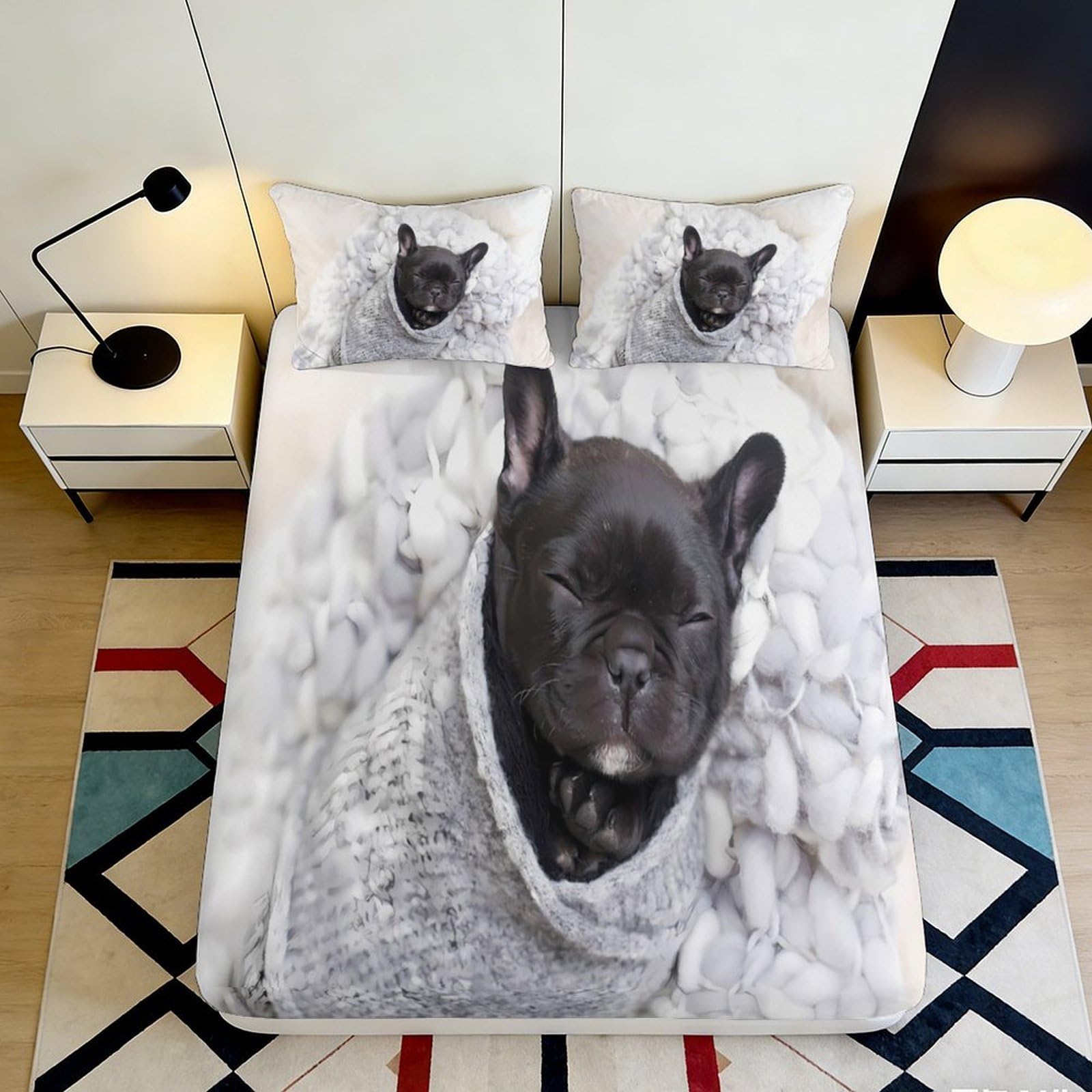 Pnayamiorkfel Style-9 3D Printed Sleeping French Bulldog Fitted Sheet Microfiber Soft Grey Dog Pattern Bed Cover For Bedroom Guest Room Decor 90X200x25cm