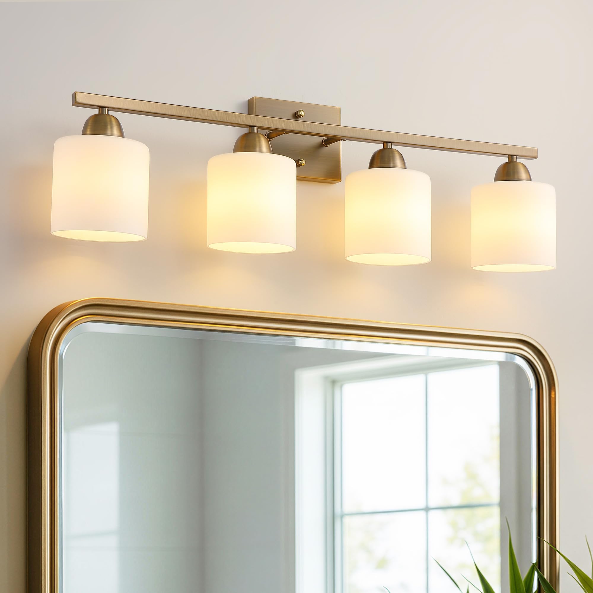Mecgirn Milk Glass Vanity Lights for Bathroom, 4 Light Brass Bathroom Light Fixtures Over Mirror