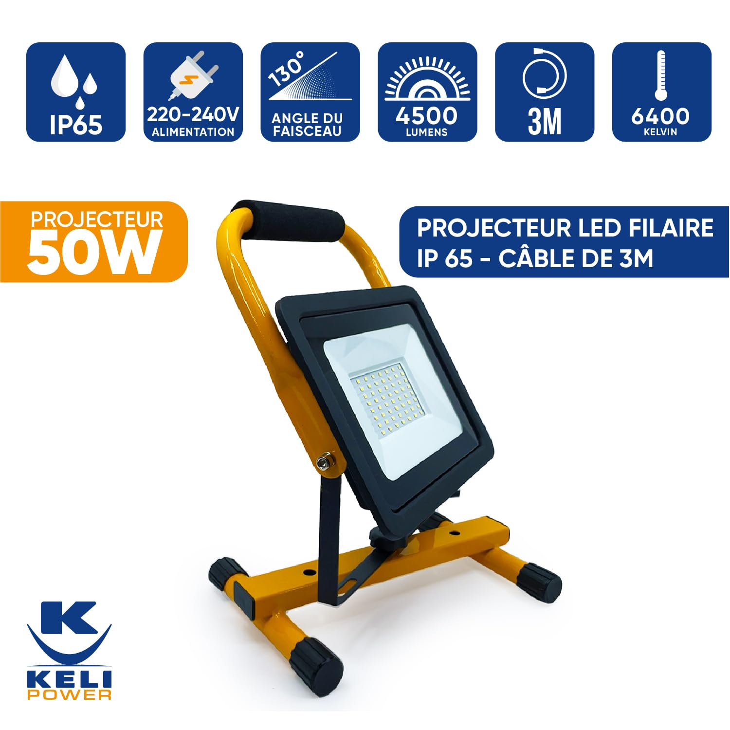 KELI POWER Reflektor LED 50W, 6500K Outdoor Led 64 LED Zewnętrzna lampa budowlana Led IP65 wodoodporna 4500LM, szkło hartowane, oświetlenie zewnętrzne do ogrodu, patio, garażu, tarasu