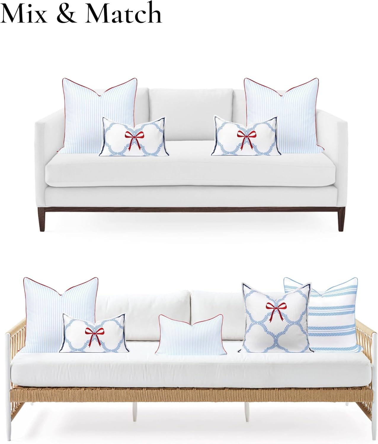 Hofdeco Premium Coastal Hampton Patio Indoor Outdoor Throw Pillow Cover Only, 20"x20" Water Repellent for Backyard, Couch, Poolside, Baby Blue Red Print Stripes