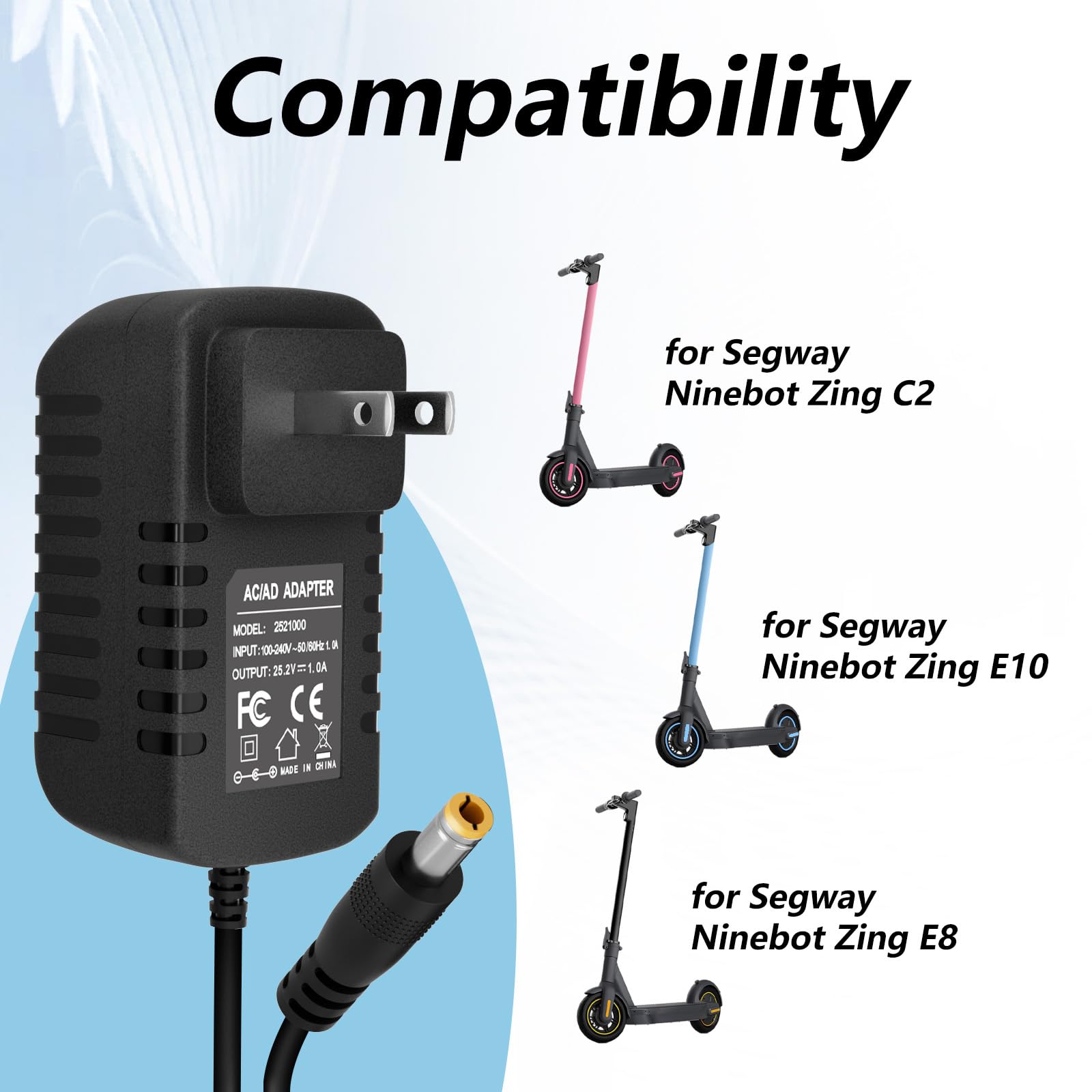 Chargeur 25,2 V 1 A Pour Trottinette Ninebot Segway Zing E8 E10 Etc. - Prise 5,5 Mm, Câble 7,5 M, Sécurité Intégrée